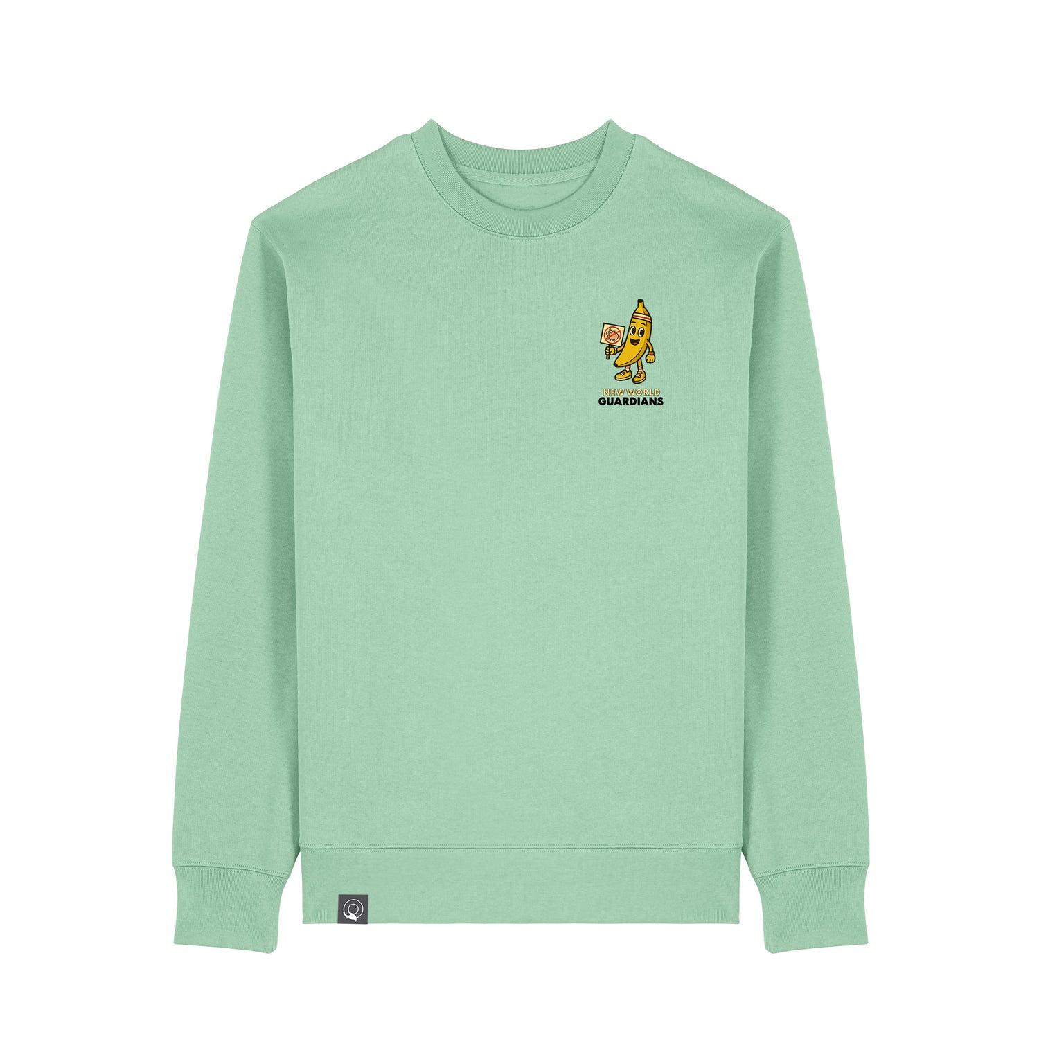 Misty jade green NEW WORLD GUARDIANS unisex vegan sweater featuring Bany the banana in a comic-style front print and the full Roots for Our Future veggie squad with “Eat Us Not Them” slogan on the back. Made from 100% organic cotton. Fresh and fun vegan fashion meets sustainable streetwear with purpose.