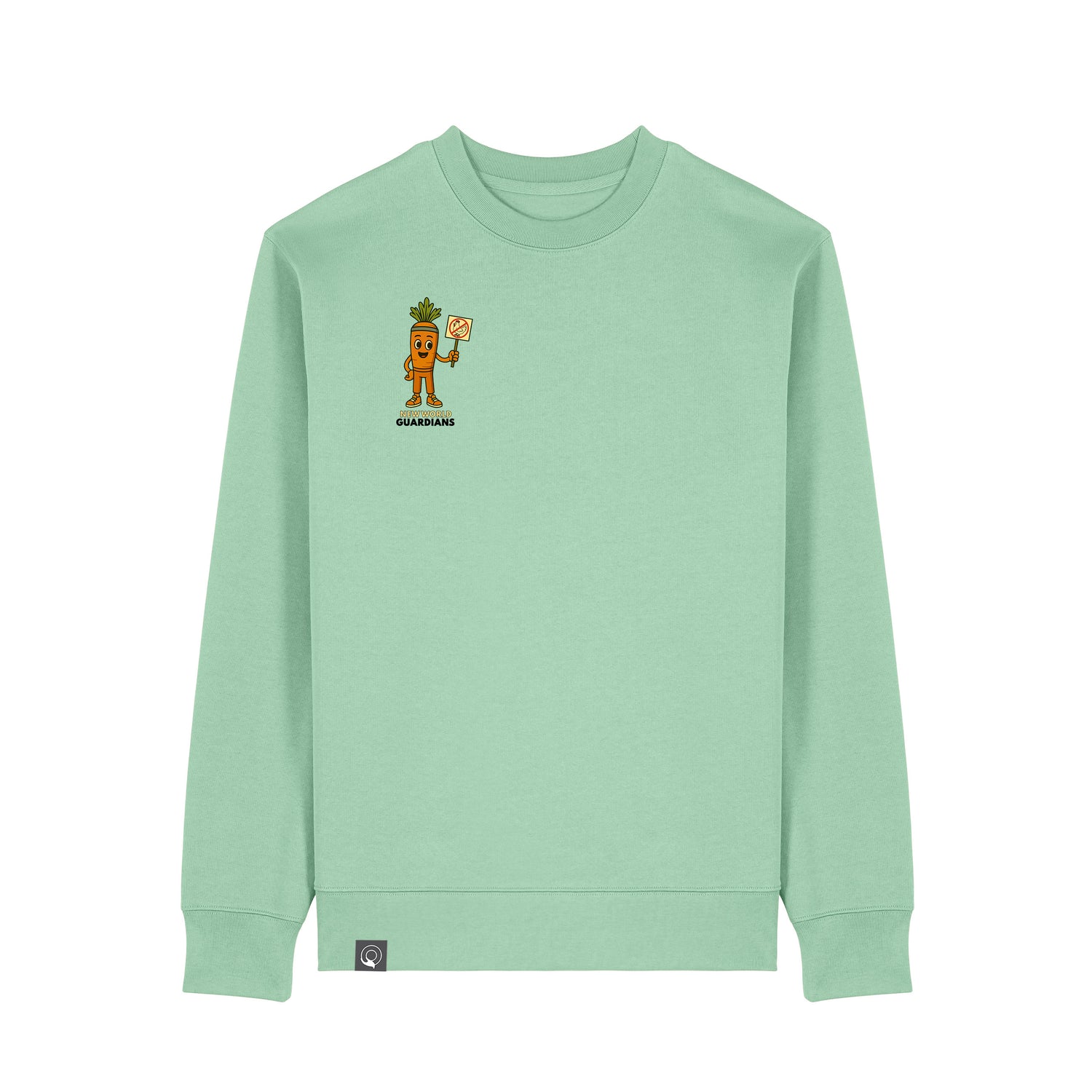 Misty jade green NEW WORLD GUARDIANS unisex vegan sweater featuring Crunch the carrot in a bold comic-style front print and the full Roots for Our Future veggie squad with “Eat Us Not Them” slogan on the back. Made from 100% organic cotton. Playful vegan fashion meets sustainable streetwear with a message.