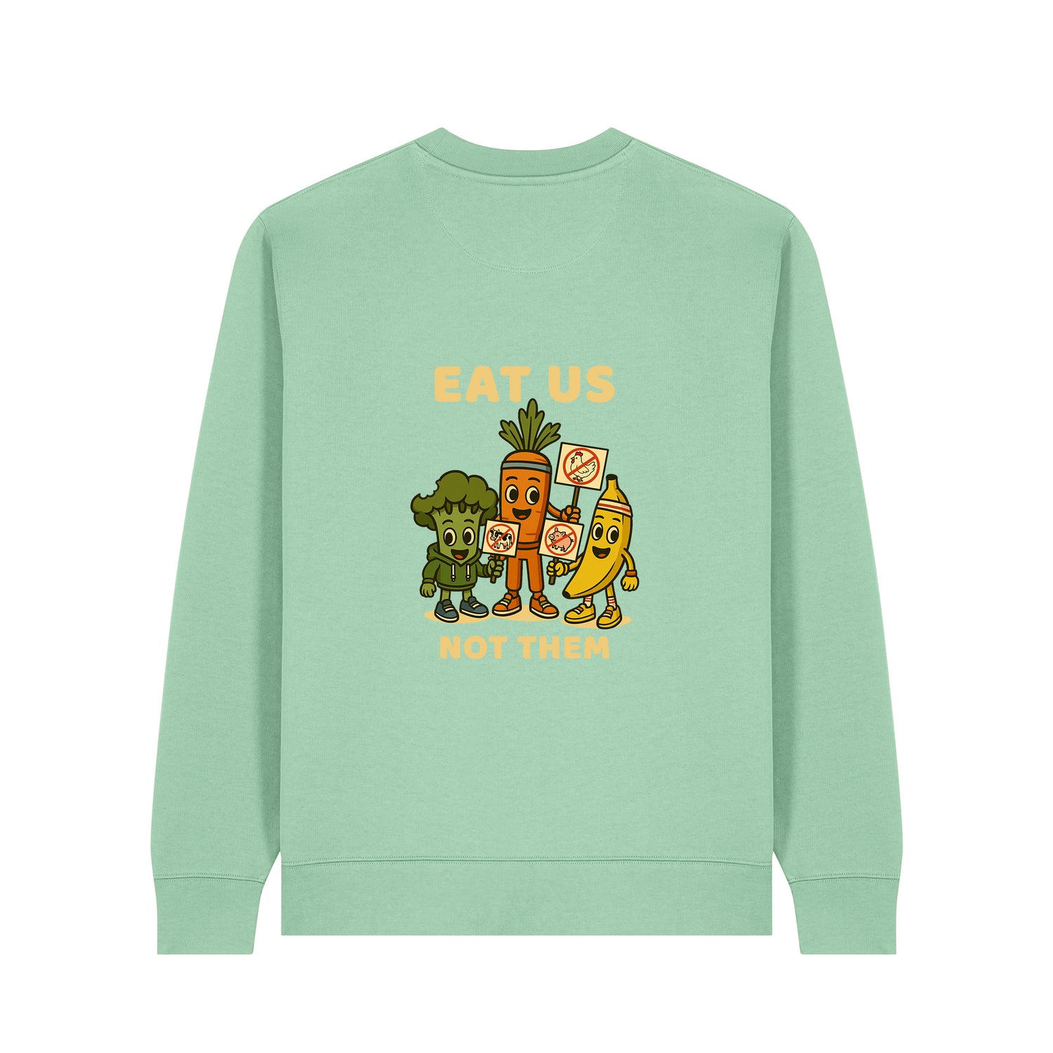 Back view of Misty Jade green NEW WORLD GUARDIANS unisex vegan sweater featuring the full Roots for Our Future veggie squad in a comic-style back print with “Eat Us Not Them” slogan. Made from 100% organic cotton. Fun and conscious vegan fashion meets sustainable streetwear.