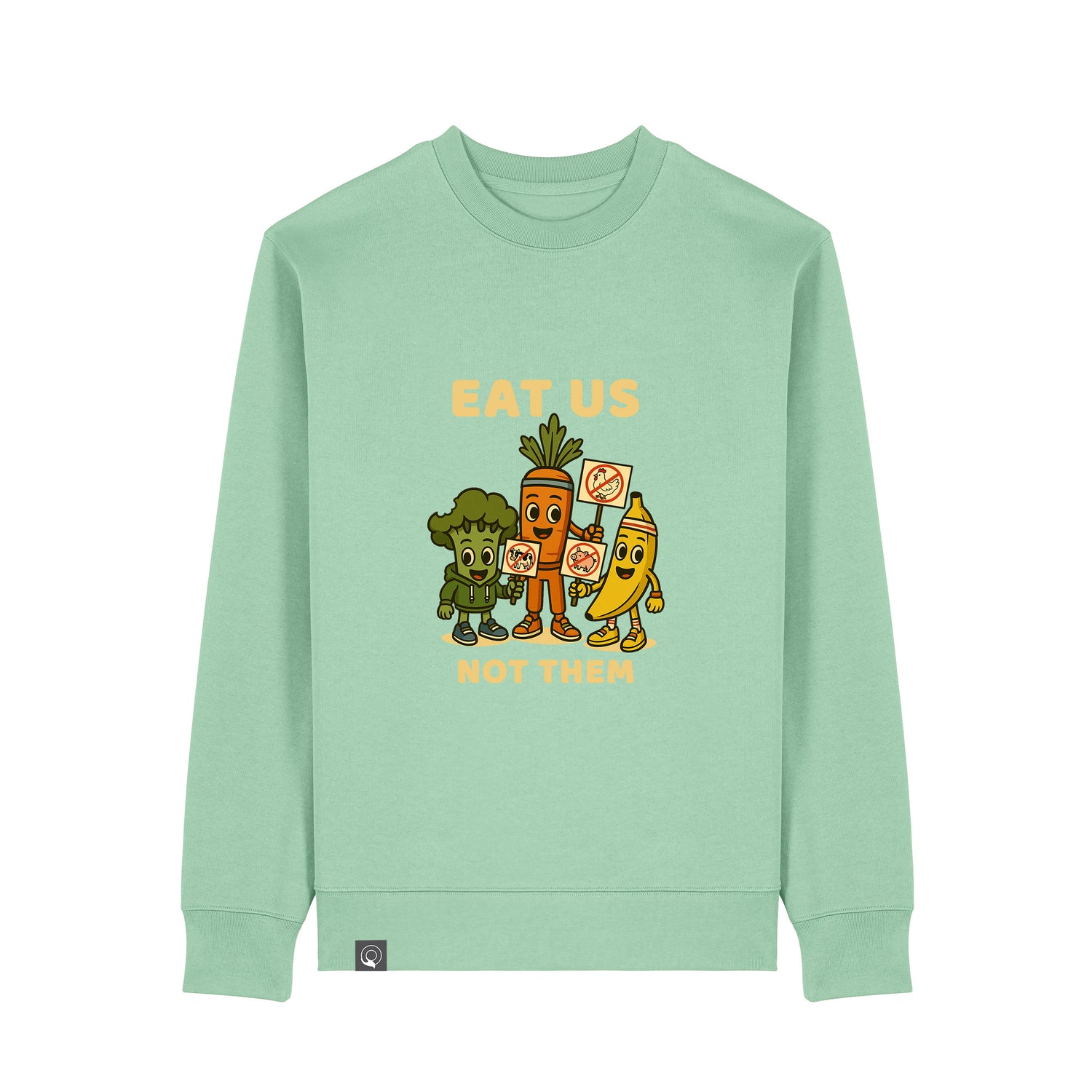 Front view of Misty Jade green NEW WORLD GUARDIANS unisex vegan sweater featuring the full Roots for Our Future veggie squad in a bold comic-style front print with “Eat Us Not Them” slogan. Made from 100% organic cotton. Fresh vegan fashion and sustainable streetwear with playful impact.