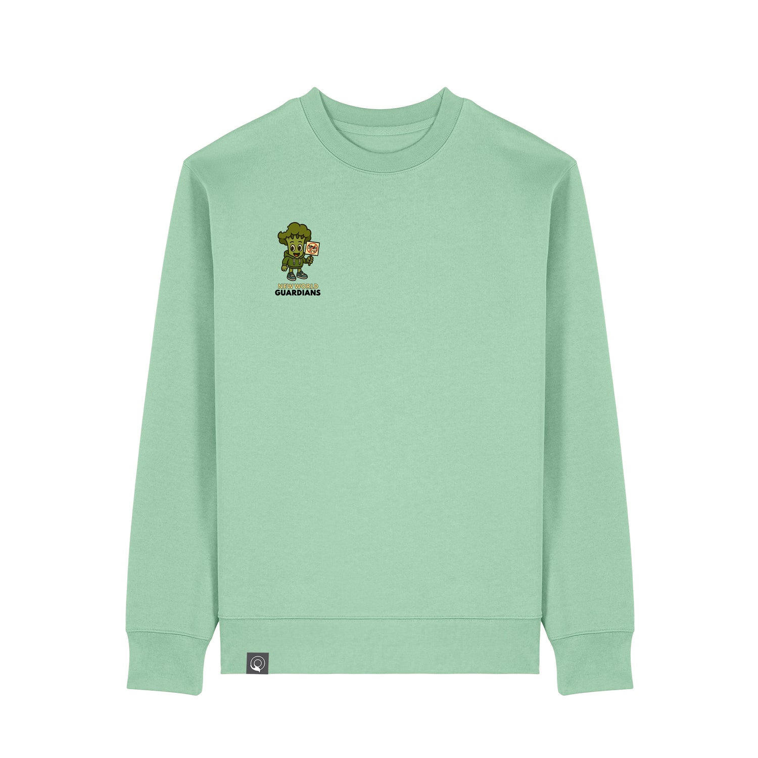Misty jade green NEW WORLD GUARDIANS unisex vegan sweater featuring Steamy the broccoli in a comic-style front print and the full Roots for Our Future veggie squad with “Eat Us Not Them” slogan on the back. Made from 100% organic cotton. Fresh vegan fashion and sustainable streetwear with bold personality.