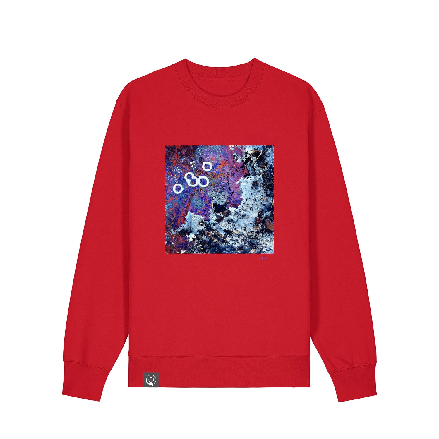 Front view of the red sweater with blue art print, made from 100% organic cotton – sustainable and ethically made fashion by New World Guardians.