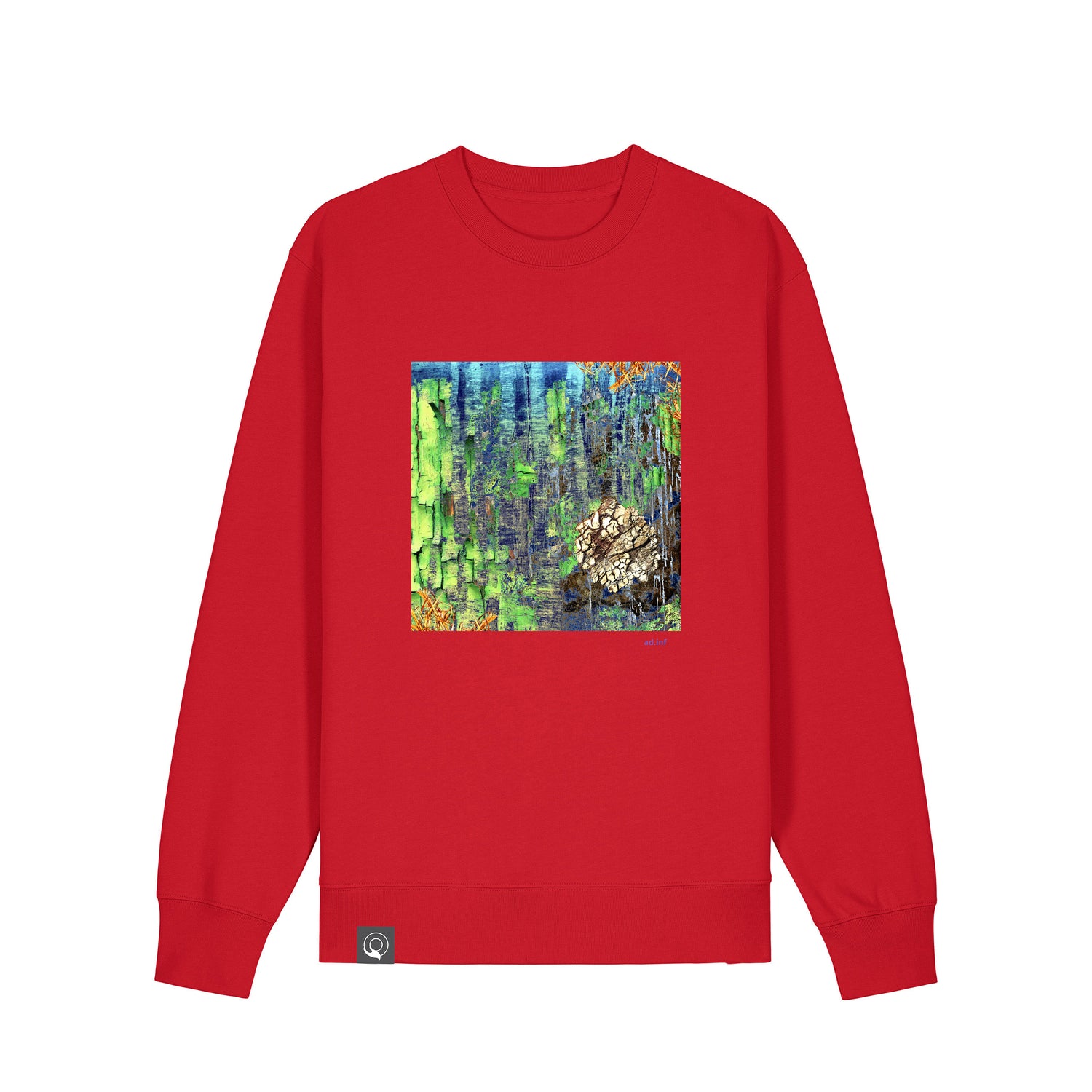Front view of the red sweatshirt with art print, made from 100% organic cotton – sustainable and ethically made fashion by New World Guardians.