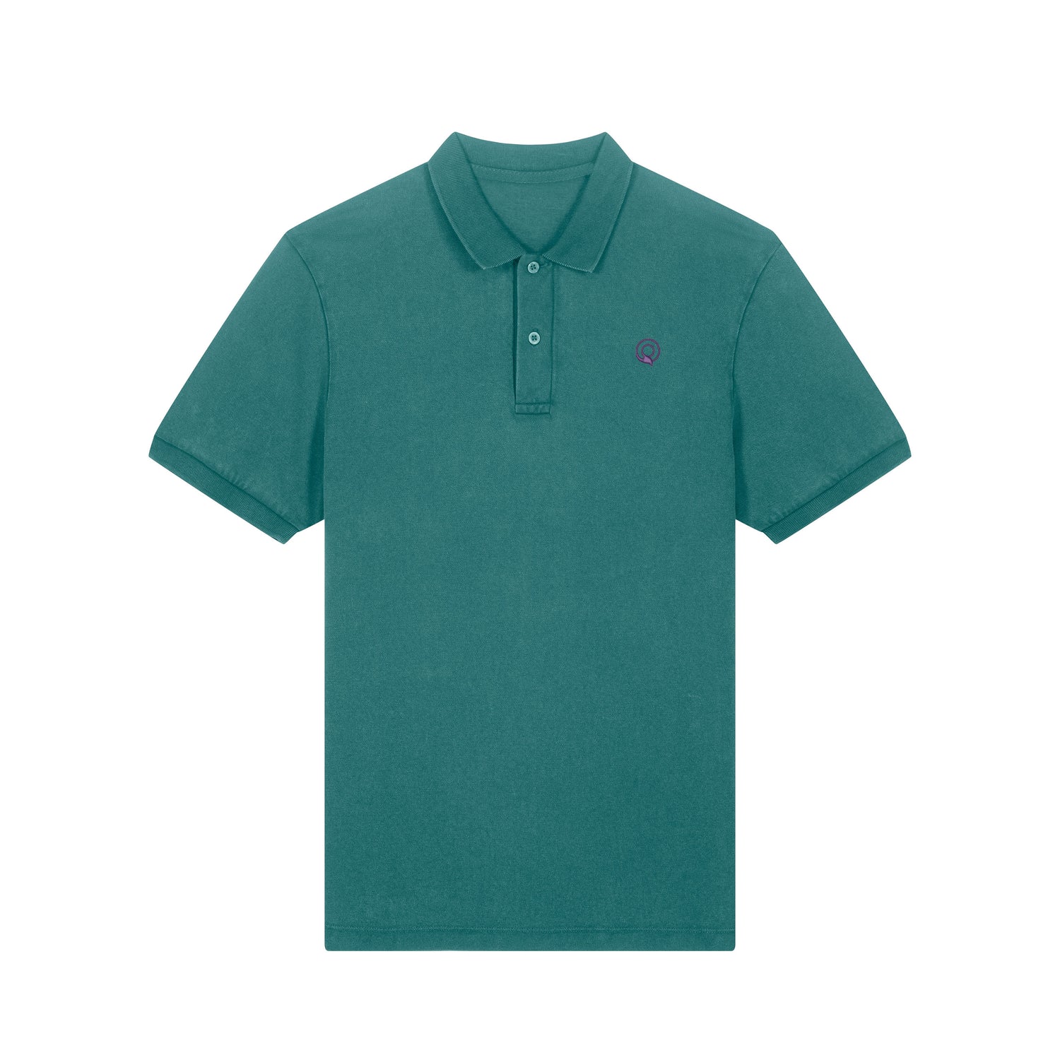 Front view of the garment-dyed hydro blue unisex polo t-shirt – sustainable and ethically made fashion by New World Guardians.