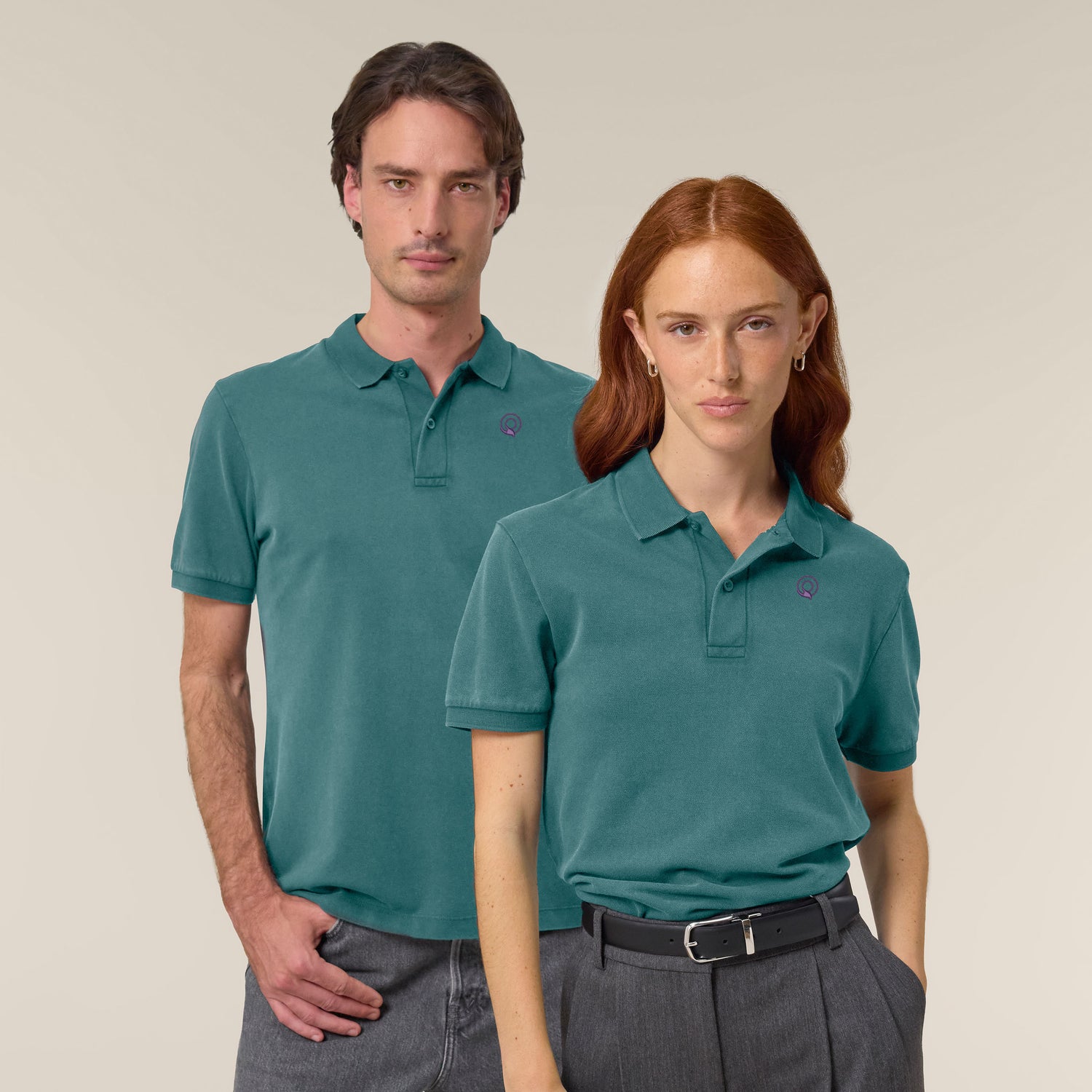 Female and male model wearing a garment-dyed hydro blue t-shirt – sustainable and ethically made fashion by New World Guardians.