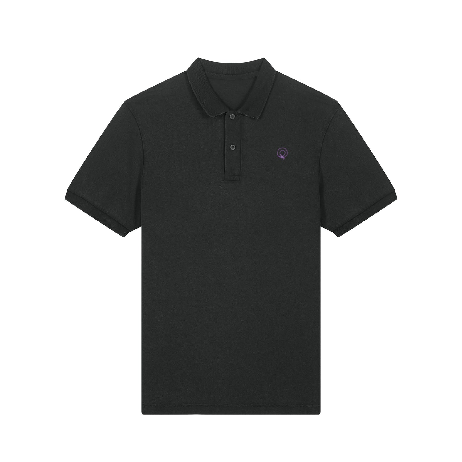 Front view of the garment-dyed black rock unisex polo t-shirt – sustainable and ethically made fashion by New World Guardians.