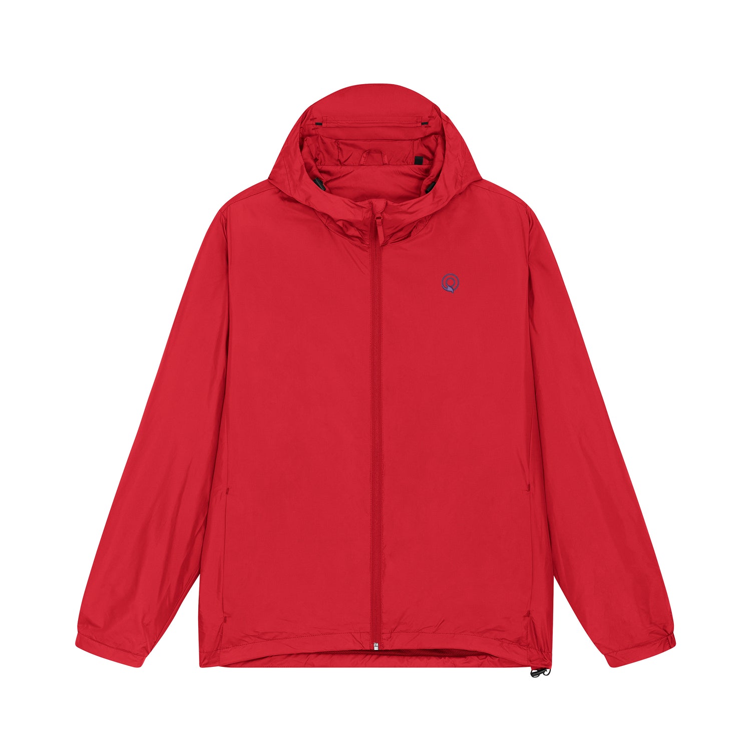 Red eco-friendly unisex multi-function jacket with extended curved hem and adjustable hood, 10 color options