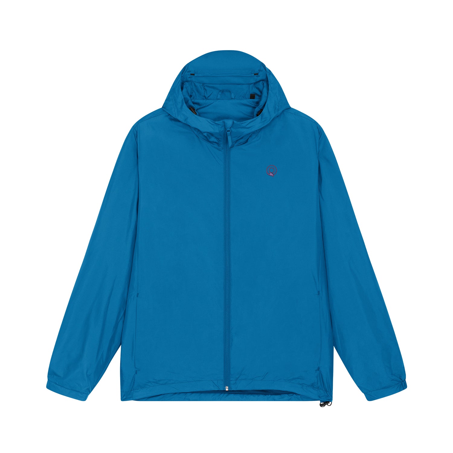 Blue eco-conscious outdoor jacket in recycled polyester with modern design and extended hem, unisex, 10 colors