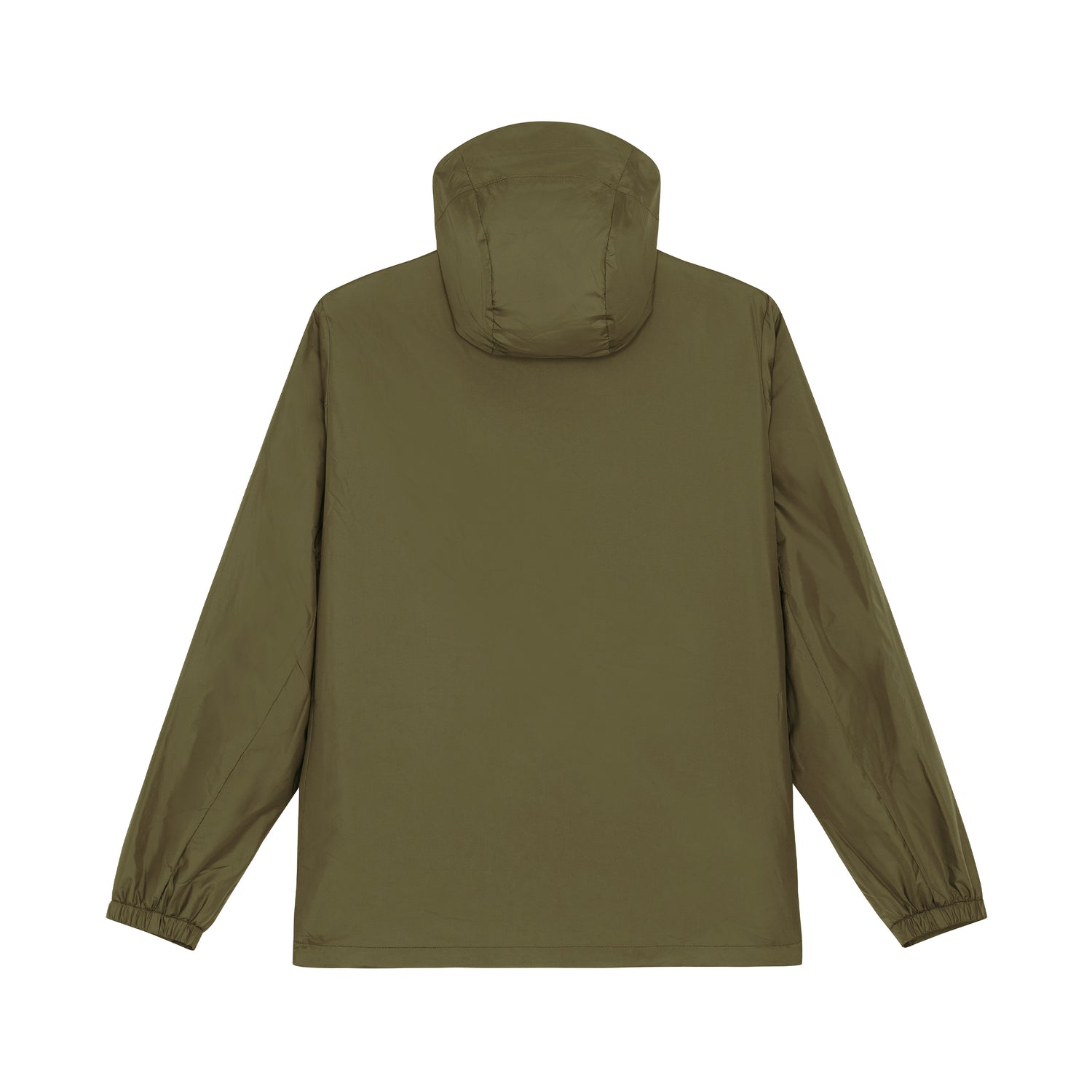 Back view of uisex sustainable multi-function jacket with visor hood and adjustable cuffs, eco-friendly outerwear, 10 colors