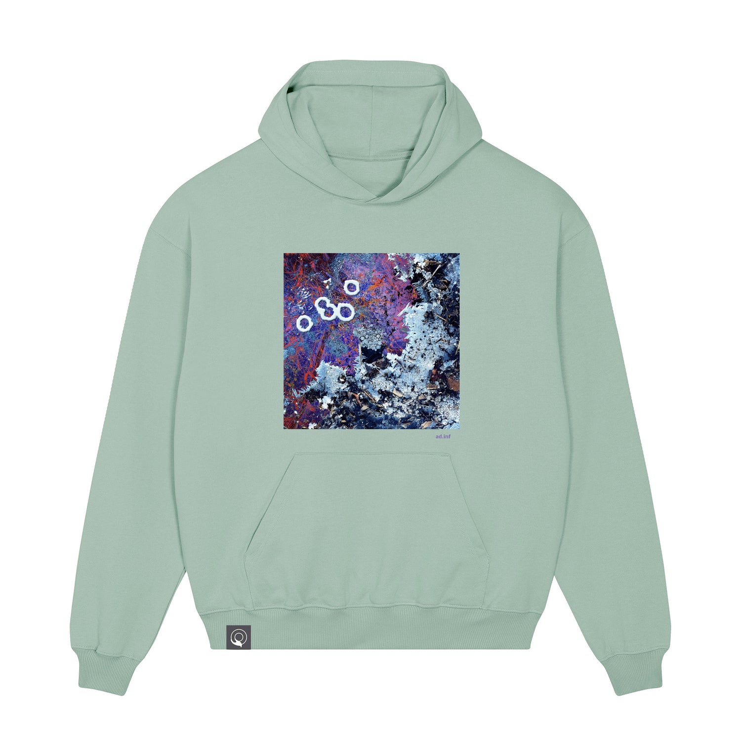 Front view of the aloe green hoodie with art print, made from 100% organic cotton – sustainable and ethically made fashion by New World Guardians.