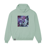 Front view of the aloe green hoodie with art print, made from 100% organic cotton – sustainable and ethically made fashion by New World Guardians.