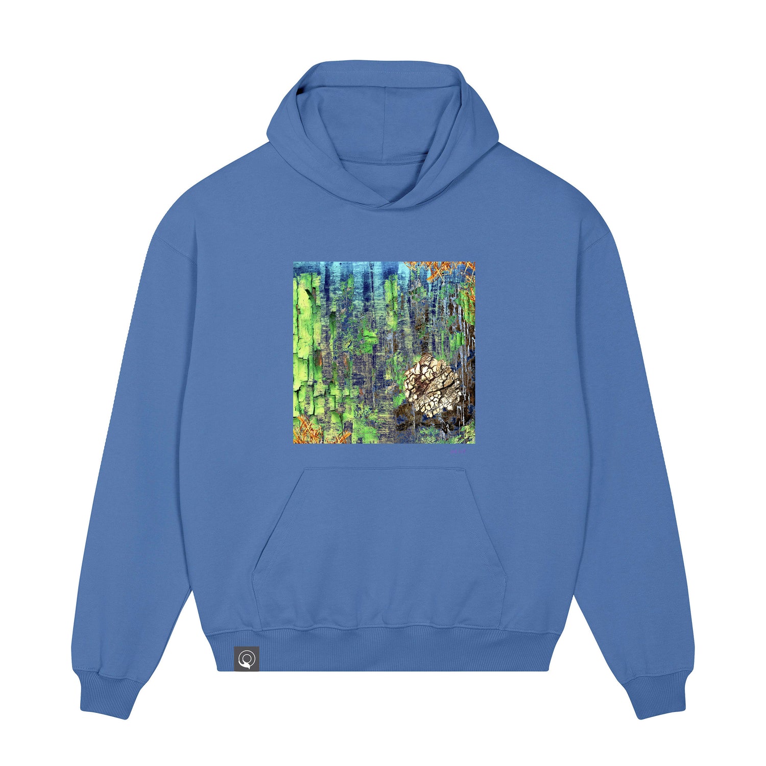 Front view of the bright blue hoodie with art print, made from 100% organic cotton – sustainable and ethically made fashion by New World Guardians.