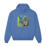 Front view of the bright blue hoodie with art print, made from 100% organic cotton – sustainable and ethically made fashion by New World Guardians.