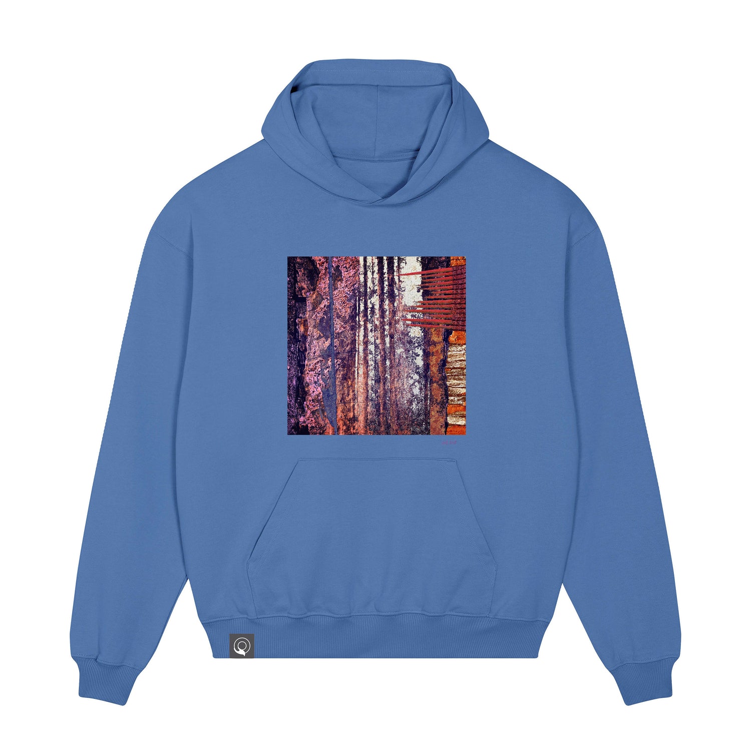 Front view of the bright blue hoodie with art print, made from 100% organic cotton – sustainable and ethically made fashion by New World Guardians.