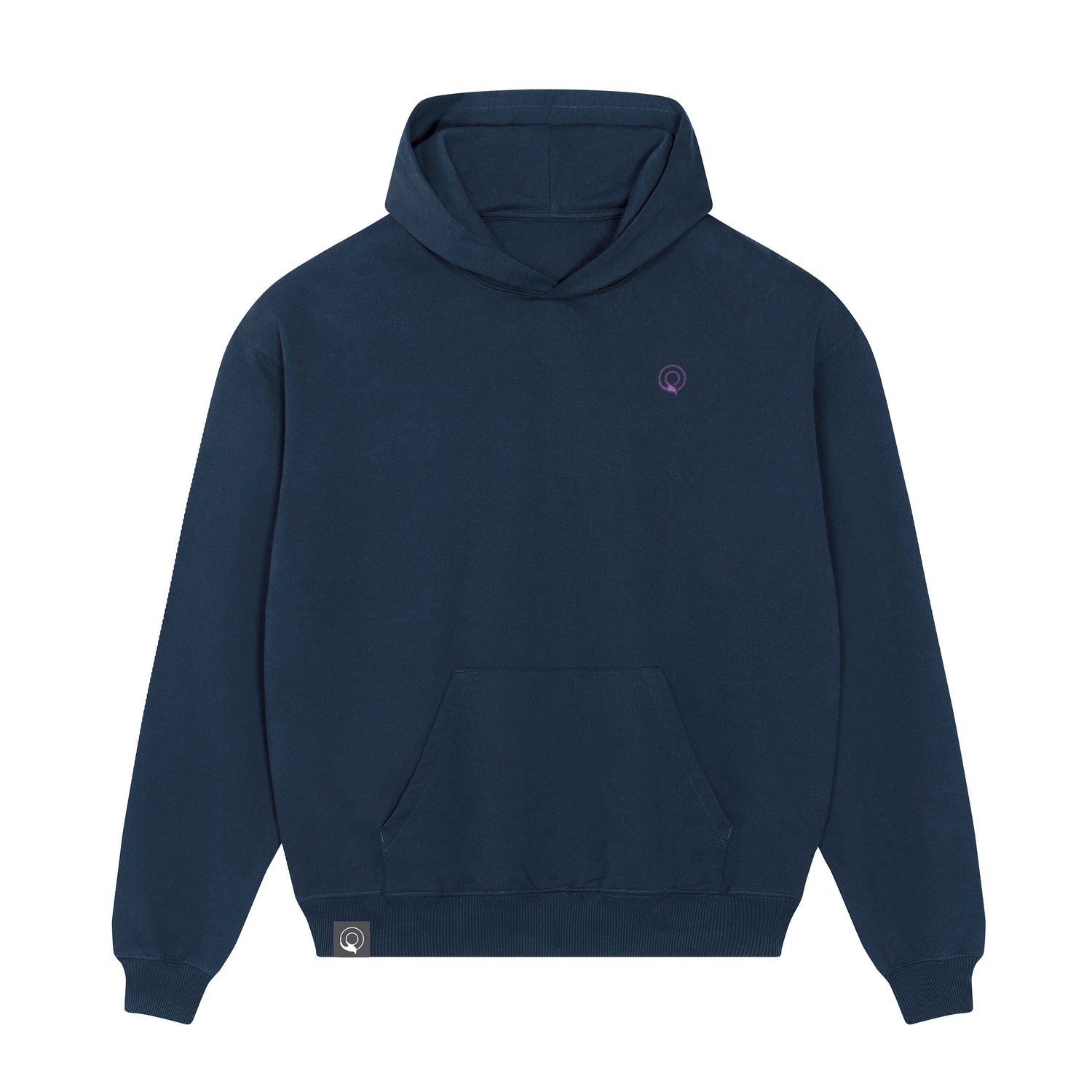 Navy blue unisex sustainable hoodie made from organic cotton with ribbed cuffs and kangaroo pocket, 11 colors