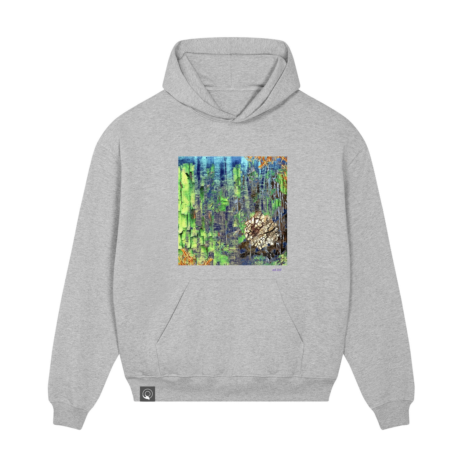 Front view of the dry heather grey hoodie with art print, made from 100% organic cotton – sustainable and ethically made fashion by New World Guardians.