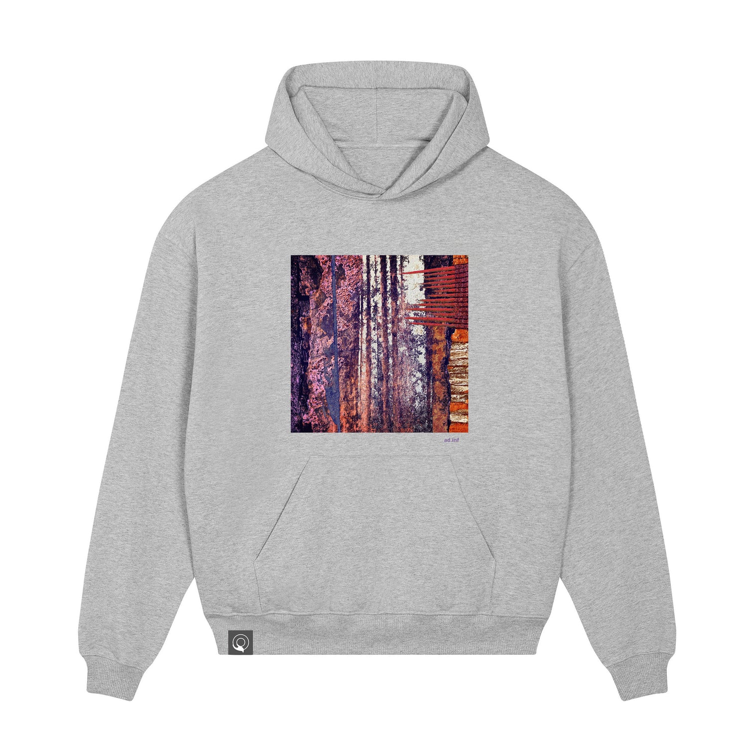 Front view of the dry heather grey hoodie with art print, made from 100% organic cotton – sustainable and ethically made fashion by New World Guardians.