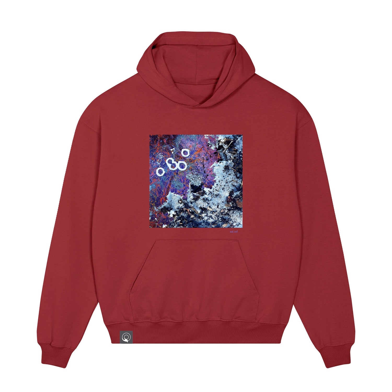 Front view of the red earth hoodie with art print, made from 100% organic cotton – sustainable and ethically made fashion by New World Guardians.