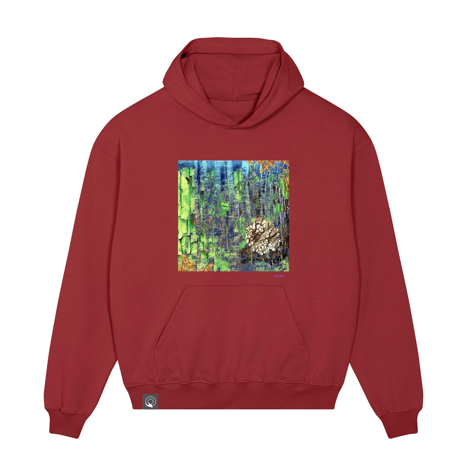 Front view of the red earth hoodie with art print, made from 100% organic cotton – sustainable and ethically made fashion by New World Guardians.