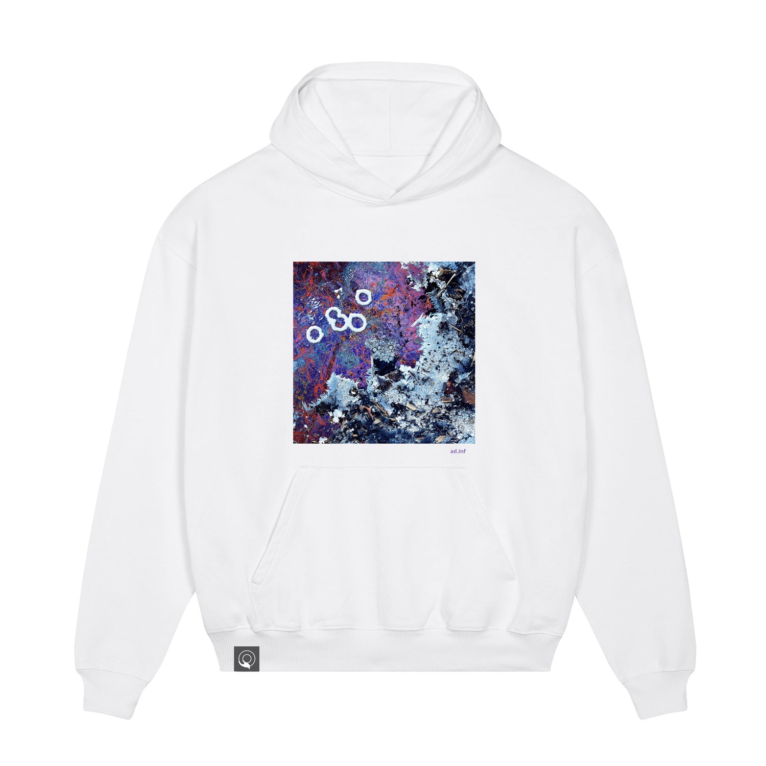 Front view of the white hoodie with art print, made from 100% organic cotton – sustainable and ethically made fashion by New World Guardians.