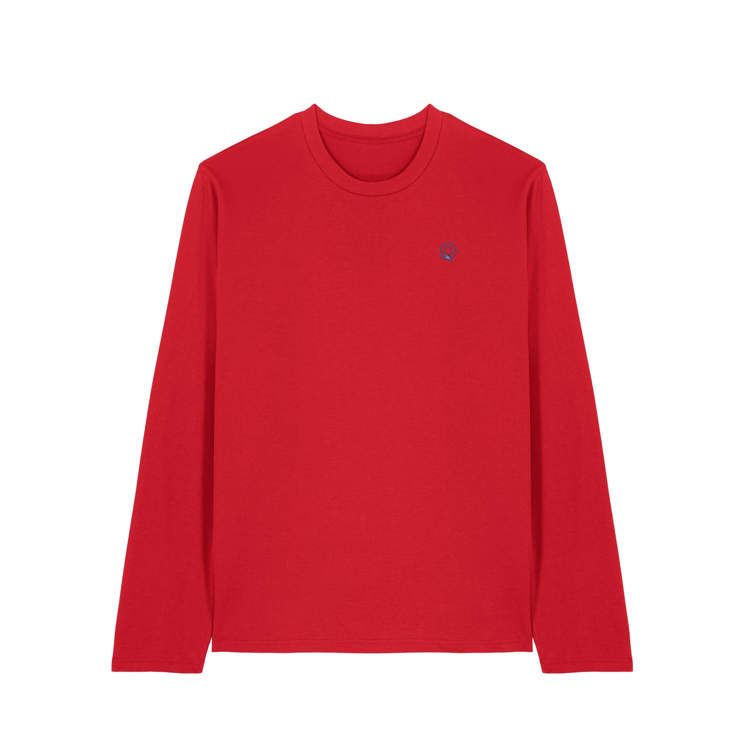 Front view of the red long sleeve shirt – sustainable and ethically made fashion by New World Guardians.