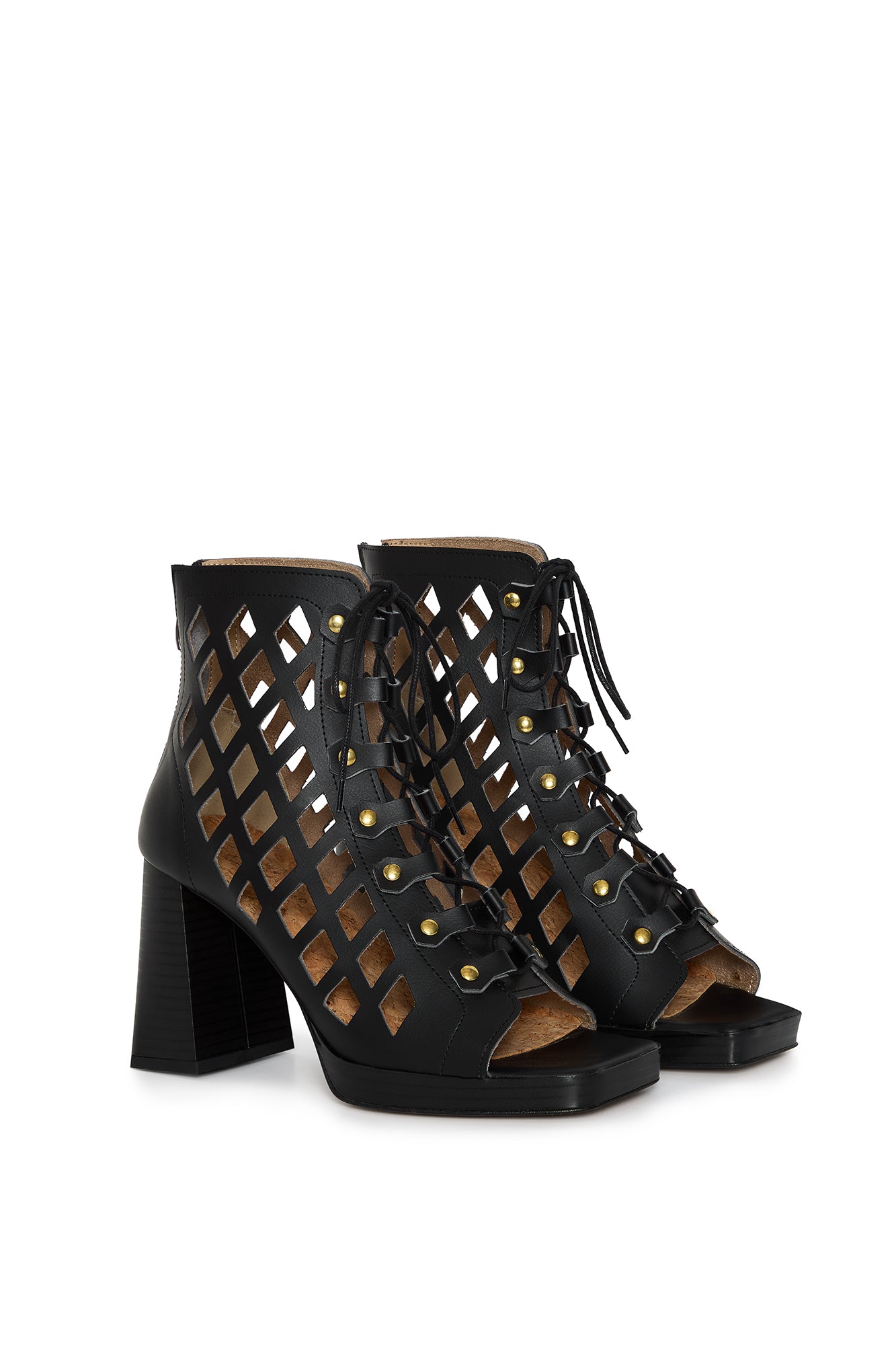 Schwarze Vegane Blockabsatz-Sandalen mit Cutouts aus Weizen- & Maisleder