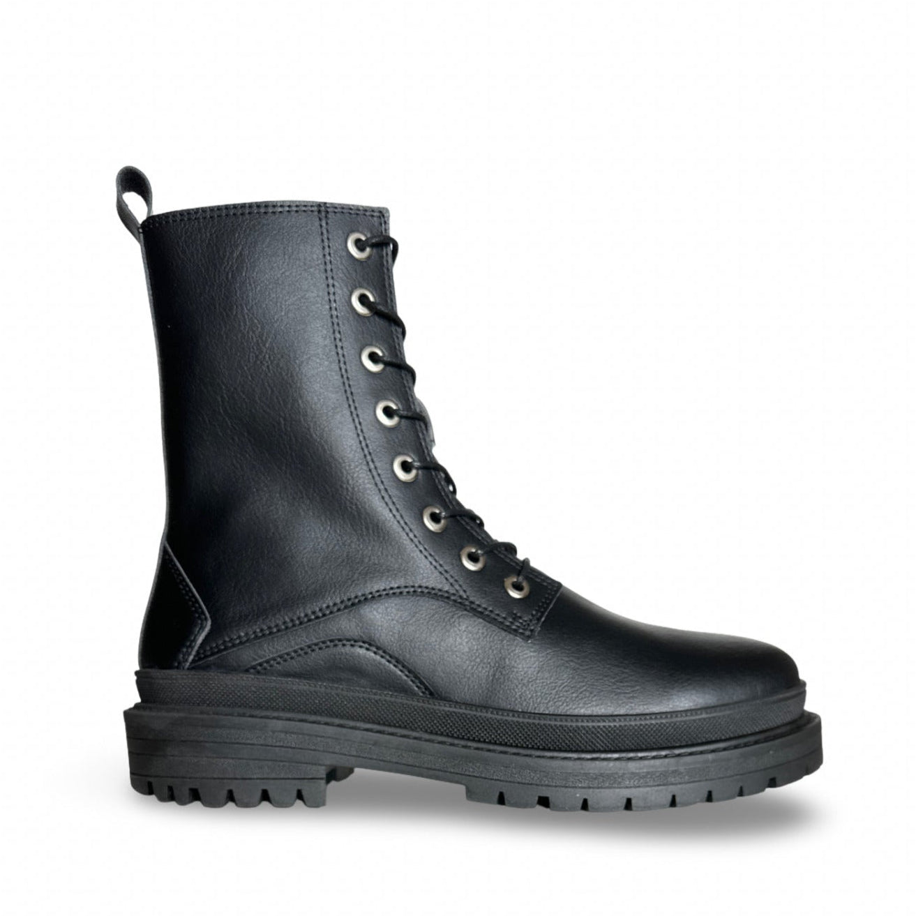 Bottes noires véganes combat mi-mollet travail moto militaire microfibre éclair