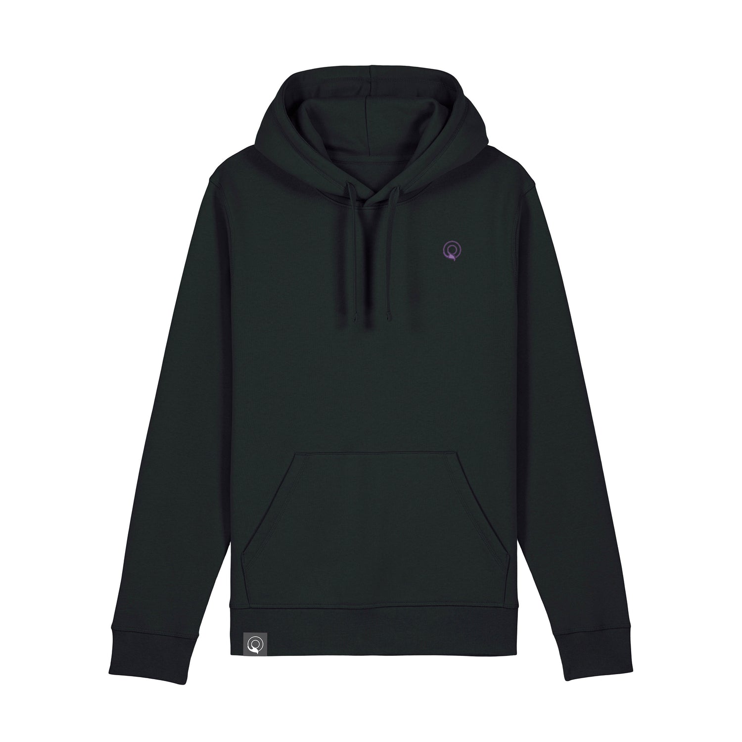 Black eco-friendly unisex hoodie with lined hood, kangaroo pocket and ribbed cuffs, 16 color options