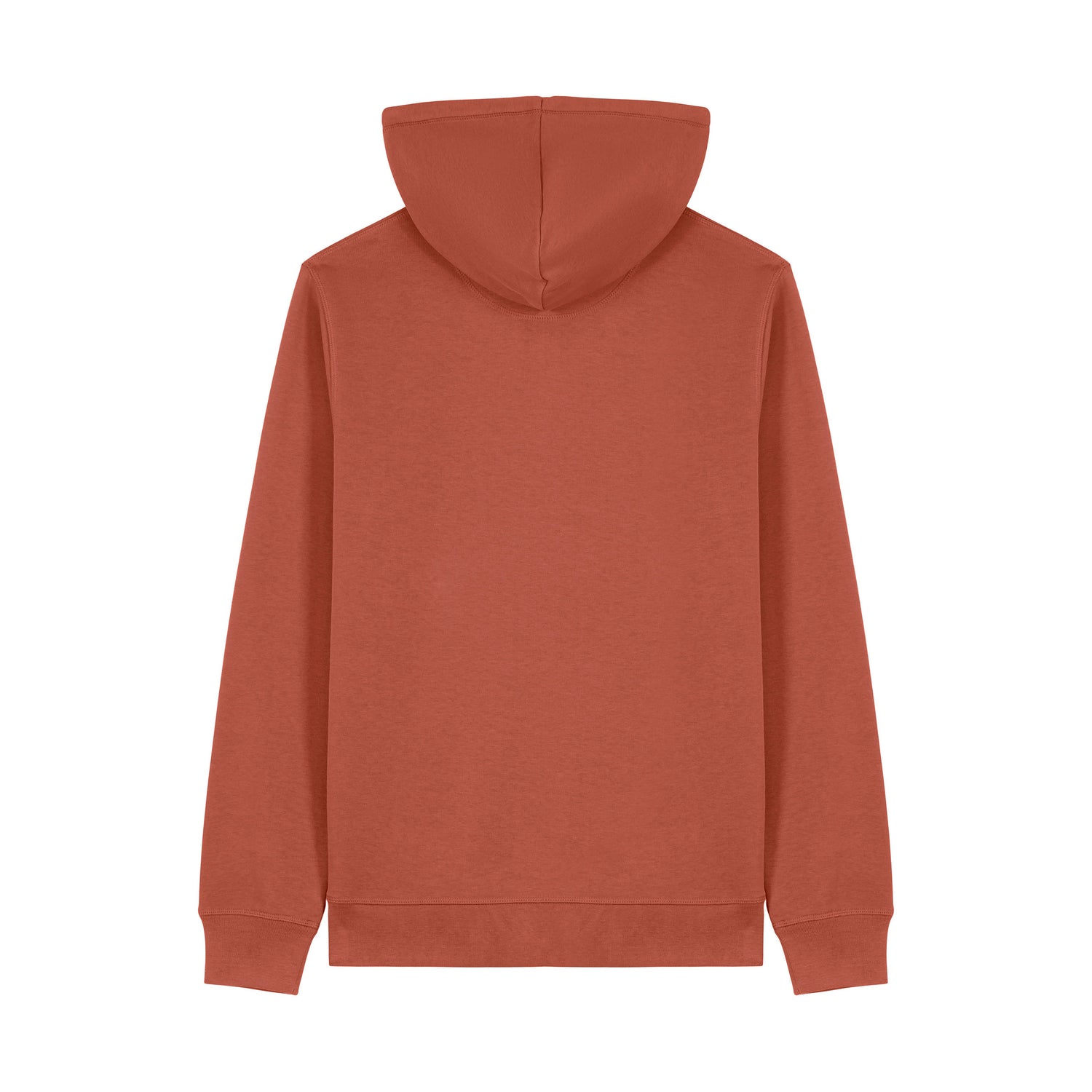 Back view of unisex hoodie with minimalist design and ribbed details, sustainable organic cotton, 16 colors