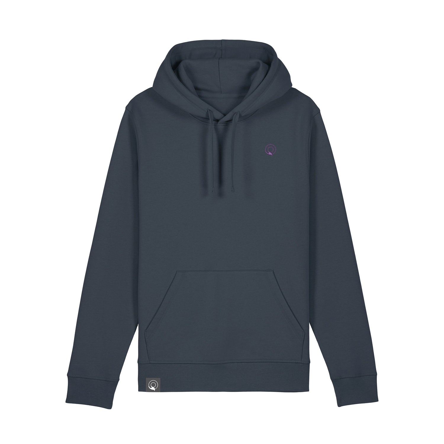 Grey durable sustainable hoodie with ribbed hem and cuffs, eco-conscious organic cotton blend, 16 color choices