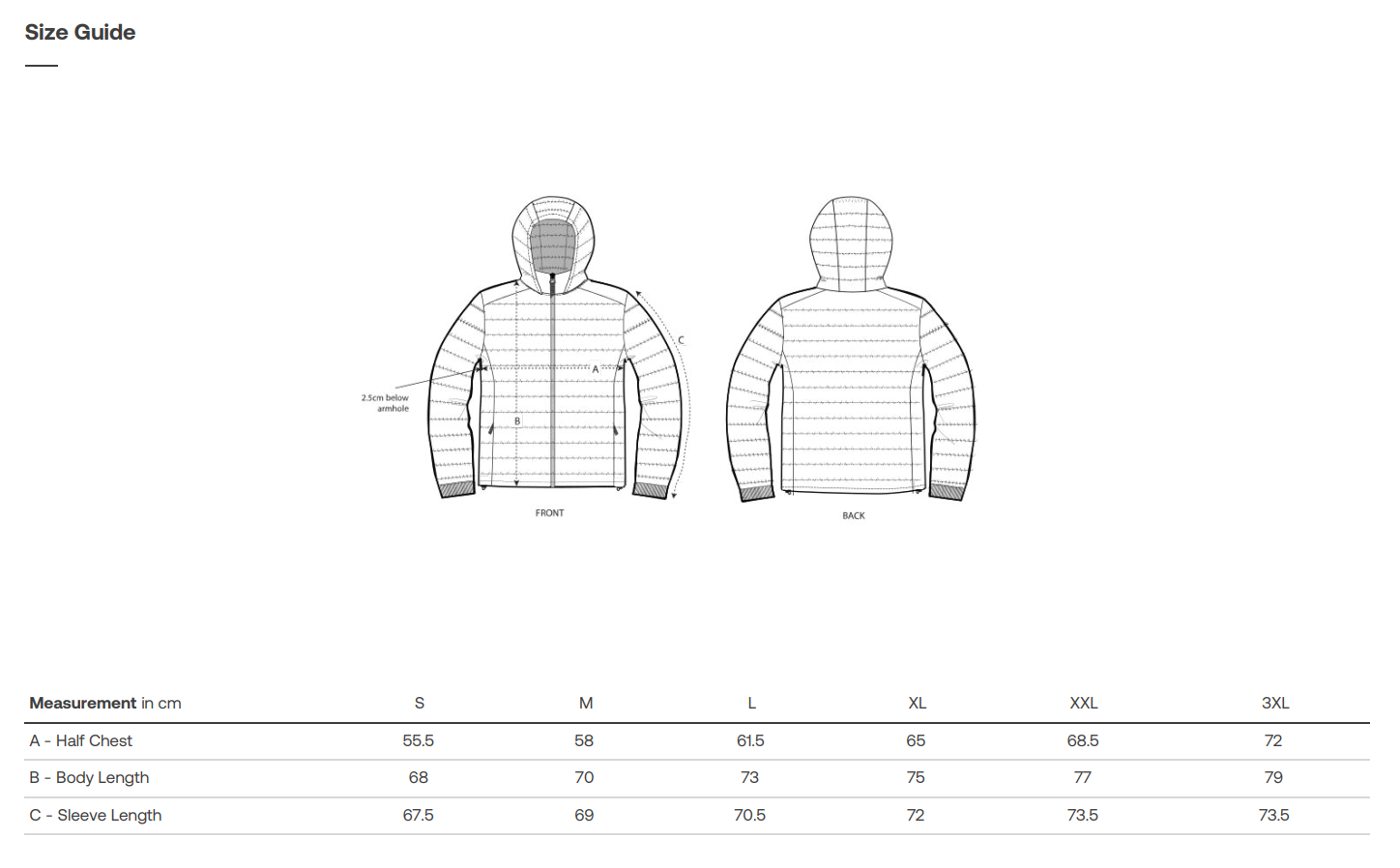 Size guide for a vegan winterjacket with measurements in centimeters.