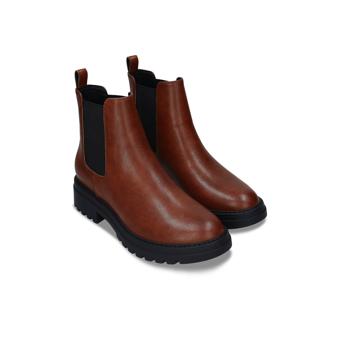 EVIE Brown veganer Chelsea-Stiefel, Seitenansicht – cognacbrauner veganer Damen-Stiefeletten mit klobiger Profilsohle und 3