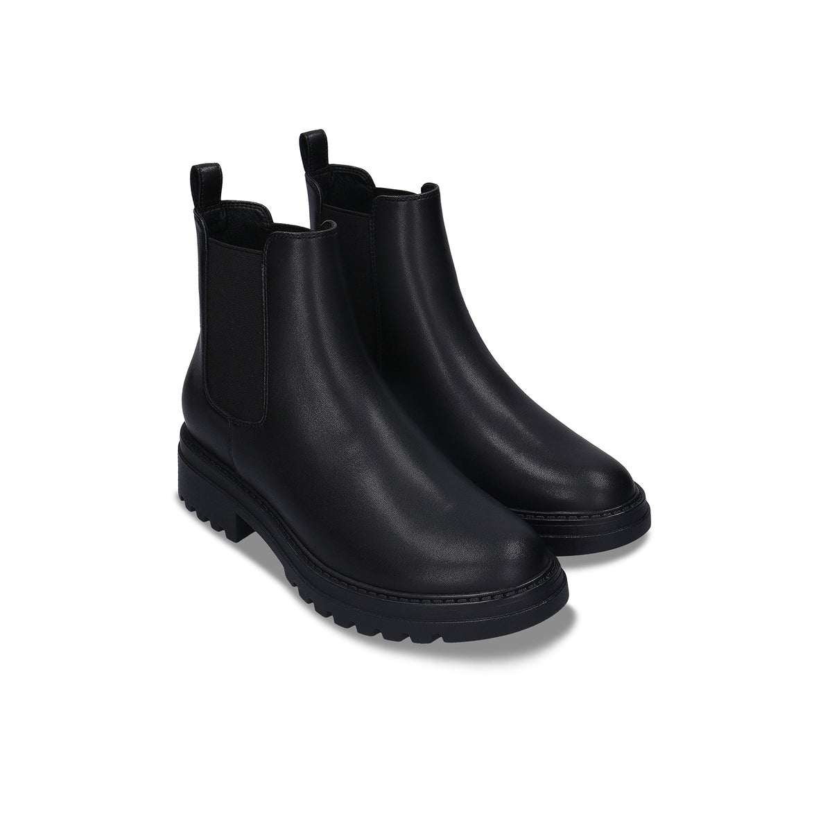EVIE Schwarzer veganer Chelsea-Stiefel, Seitenansicht – komplett schwarze vegane Damenstiefelette mit klobiger Profilsohle