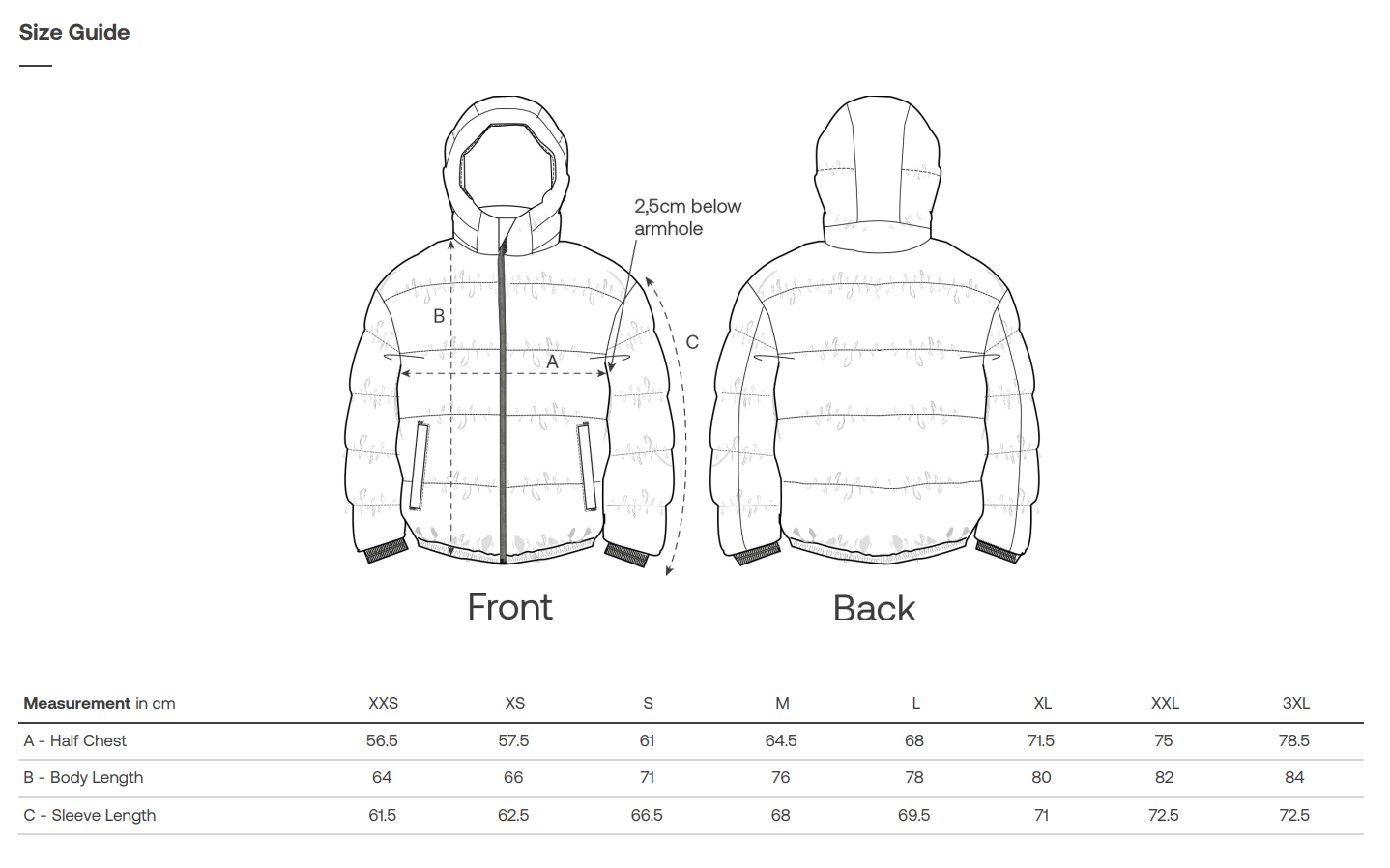 Size guide for a Guardian winter jacket showing front and back views with measurements.