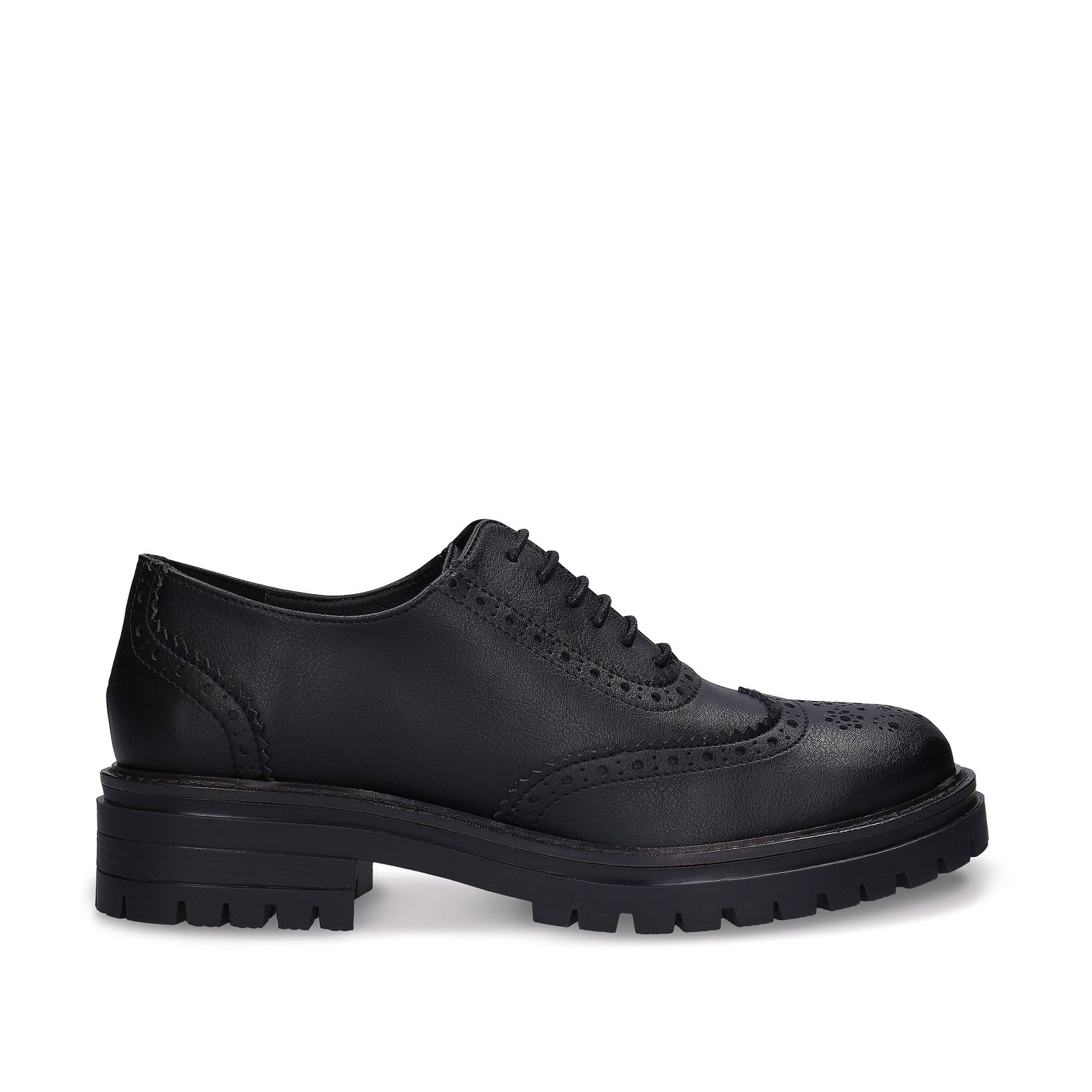 GRACE Black vegan wingtip brogue Oxford pair — women’s vegan dress shoe in all-black with lug sole, made in Portugal