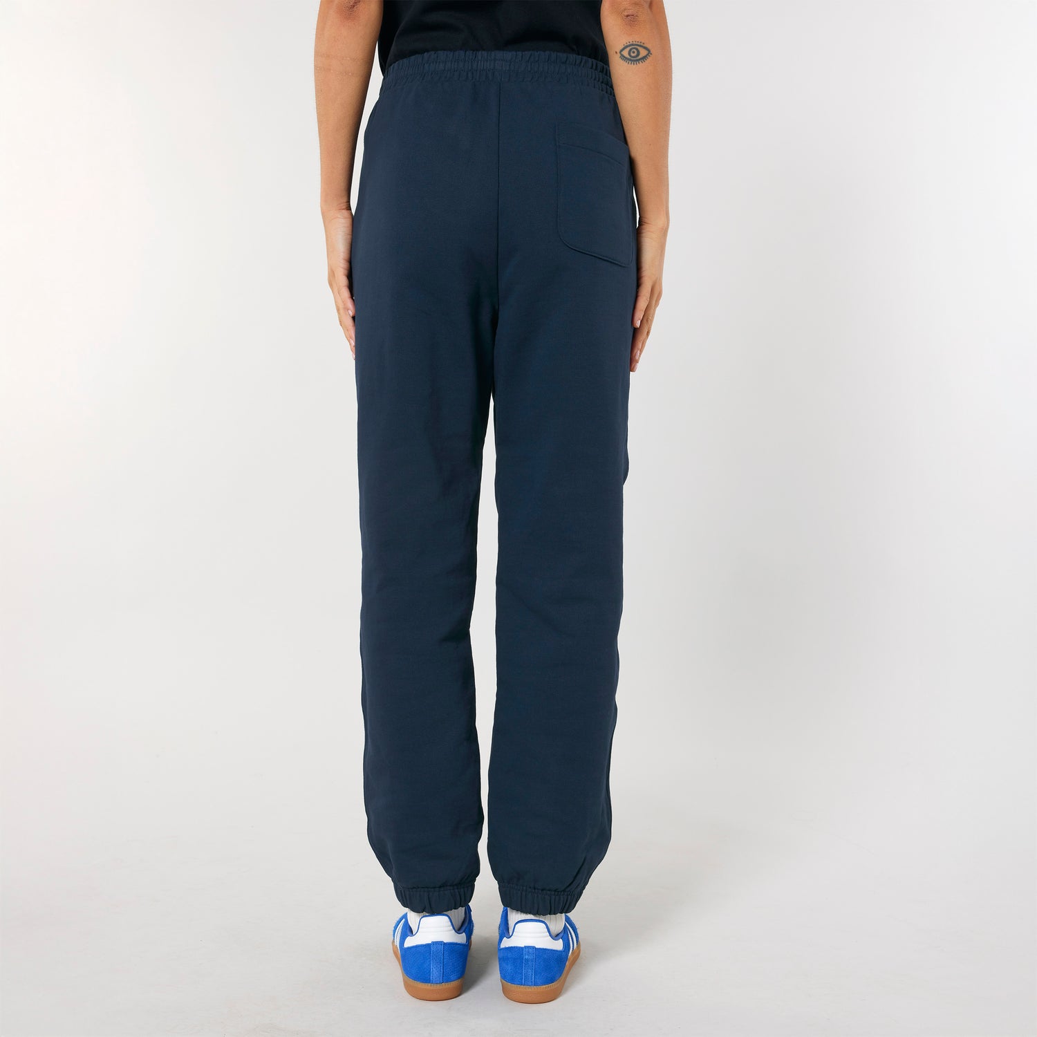 Back View dark blue Eco-conscious jogger pants made from GOTS-certified organic cotton, versatile and timeless, 5 color choices