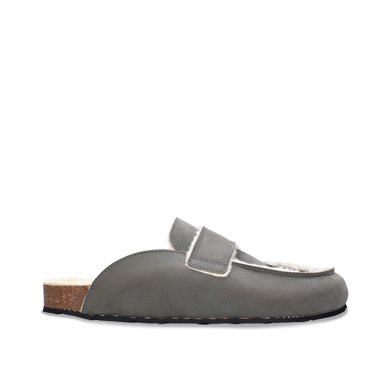 KOOD Green vegan clog side view — sage green vegan nubuck upper with organic cotton lining and cork footbed, made in Spain