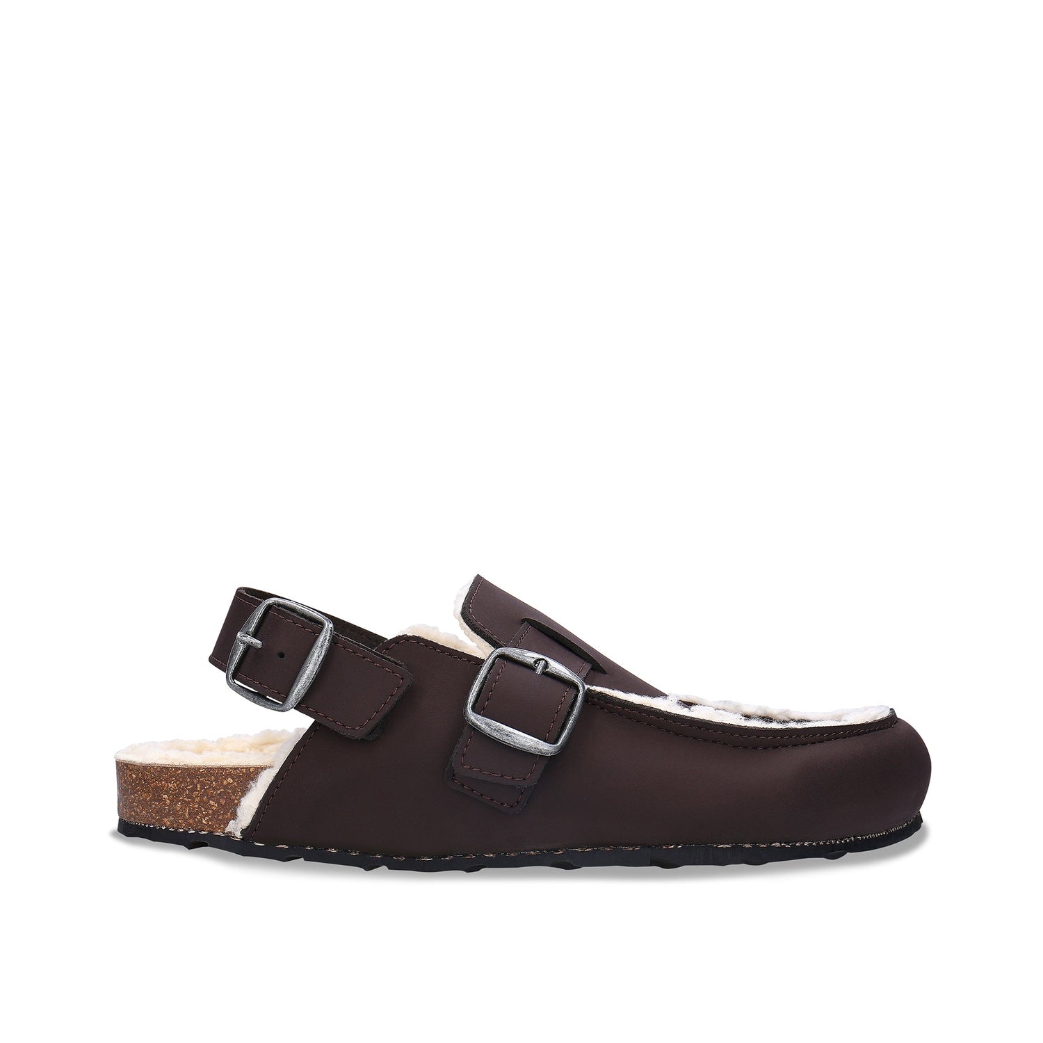 MEDAN Brown vegan clog worn with socks and corduroy trousers — unisex vegan clog in dark brown with double buckle strap, made in Spain