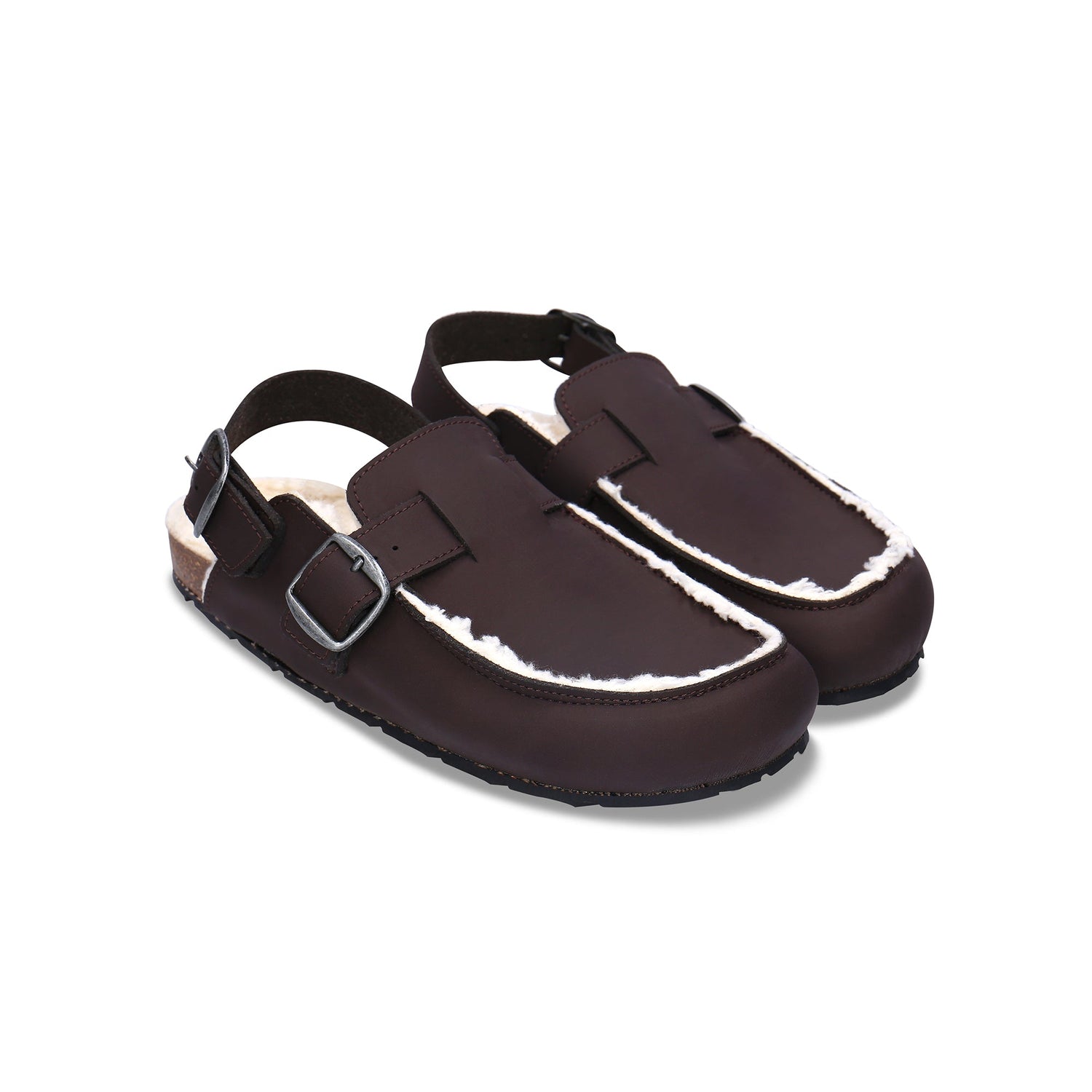 MEDAN Brown vegan clog side view — dark brown vegan nubuck upper with organic cotton lining, cork footbed and recycled tyre sole, made in Spain