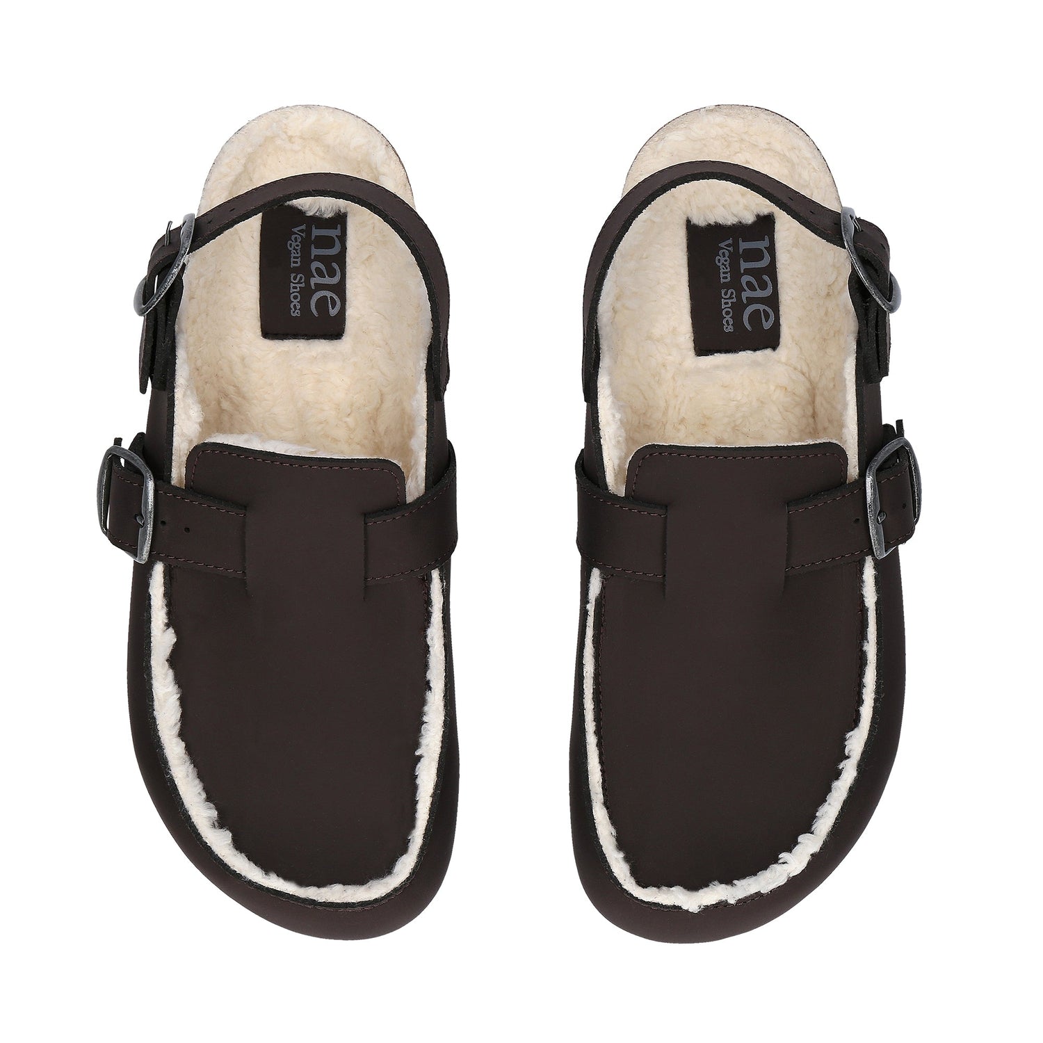 MEDAN Brown vegan clog top view — organic cotton plush lining and double buckle strap detail, NAE Vegan Shoes, made in Spain