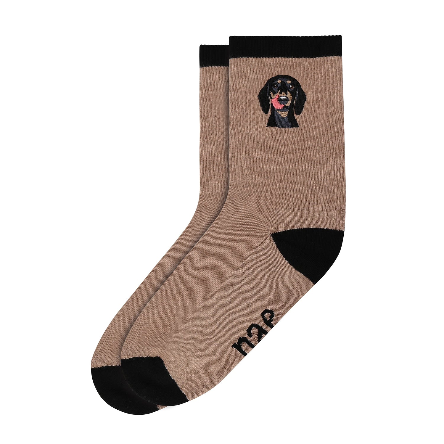 Beige organic cotton socks with Dachshund embroidery, vegan and made in Portugal