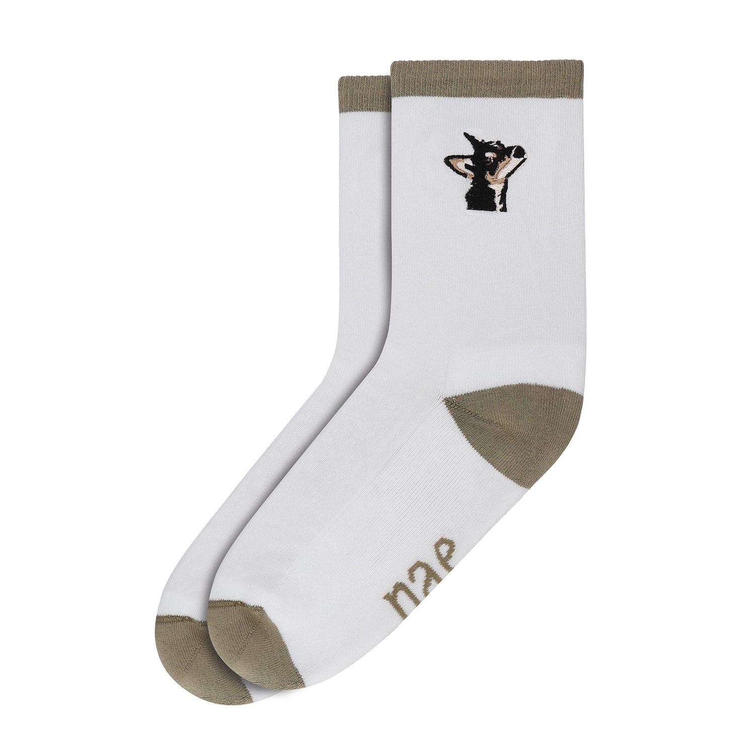 White organic cotton socks with embroidered stray dog motif, vegan and made in Portugal