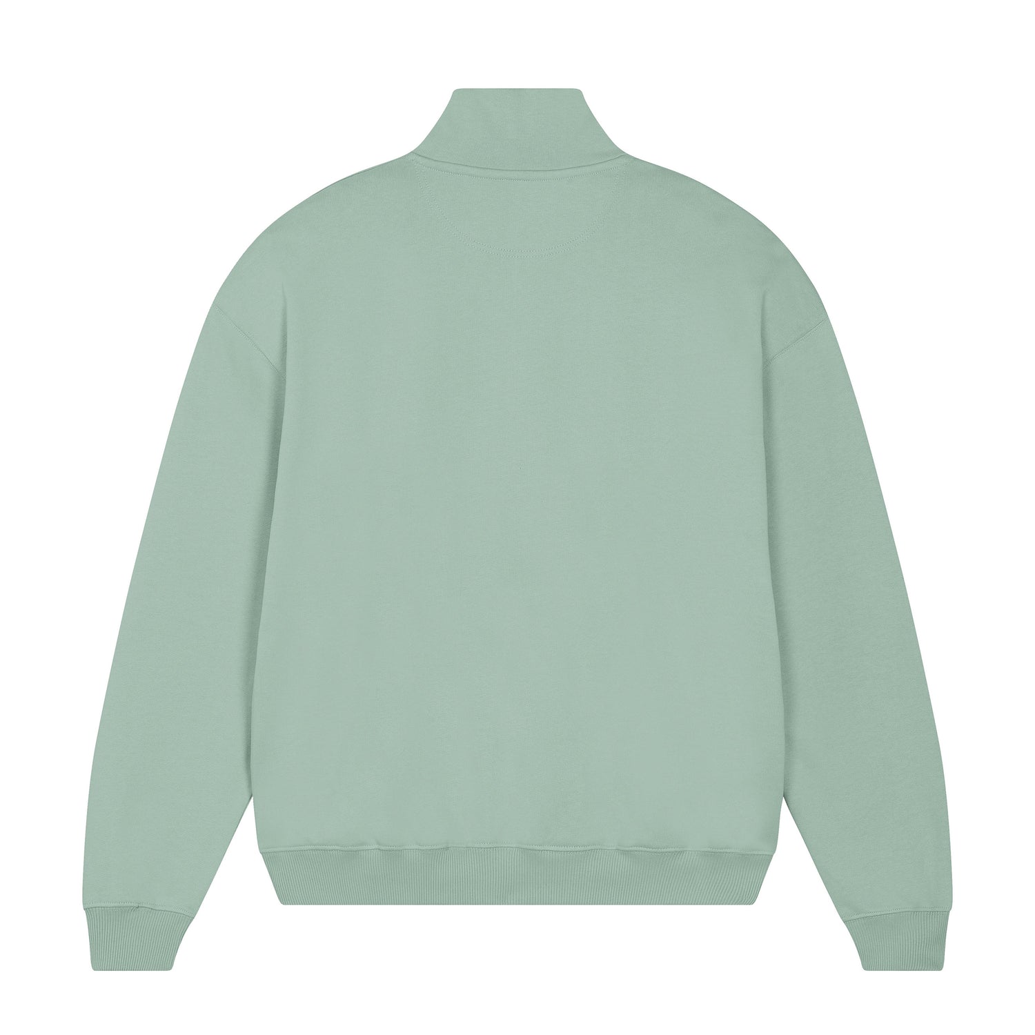 Back view of green unisex sustainable quarter-zip sweatshirt with ribbed details, eco-friendly organic cotton, 6 colors