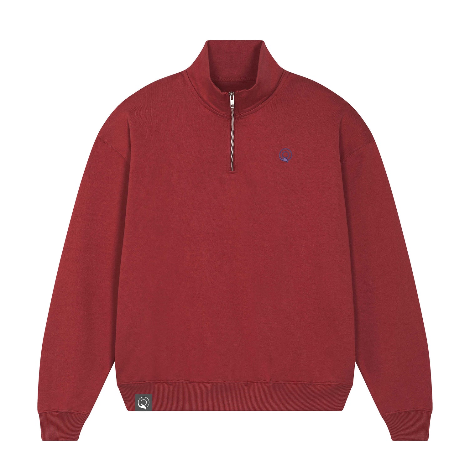 Red sustainable quarter-zip sweater in organic cotton with ribbed cuffs and hem, NEW WORLD GUARDIANS design