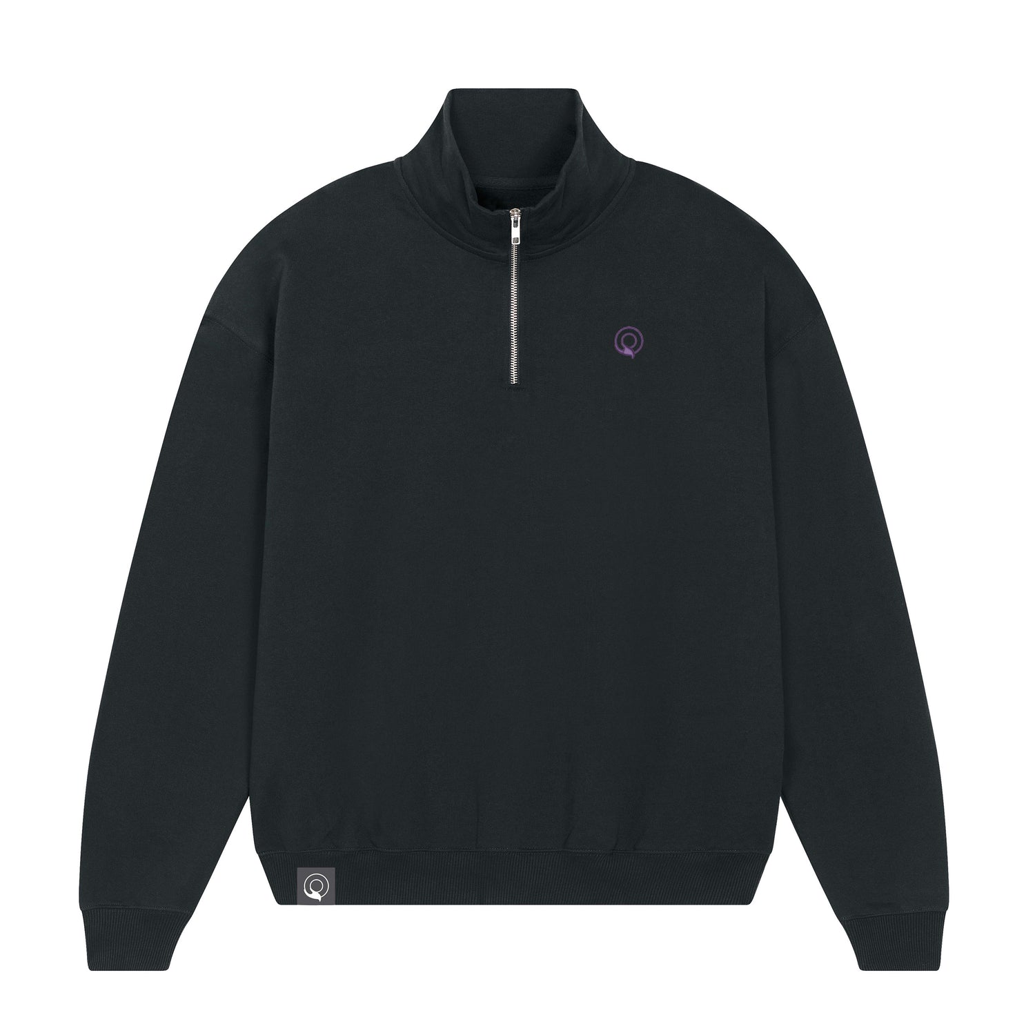 Black CONSCIOUS quarter-zip sweater with modern silhouette, sustainable organic cotton, unisex, 6 colors