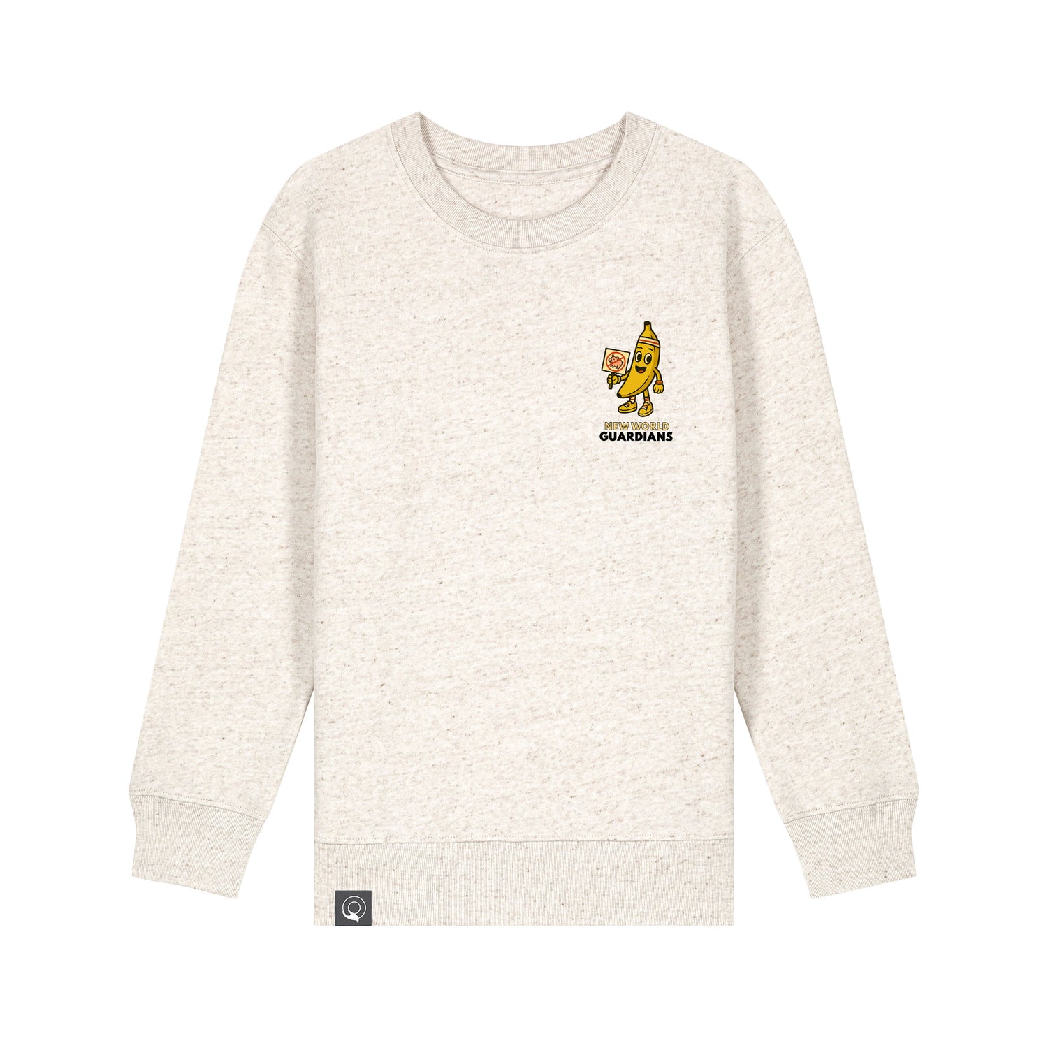 Eco-friendly children’s sweater in beige organic cotton with Bany vegan hero graphic, Roots for Our Future, ten colors