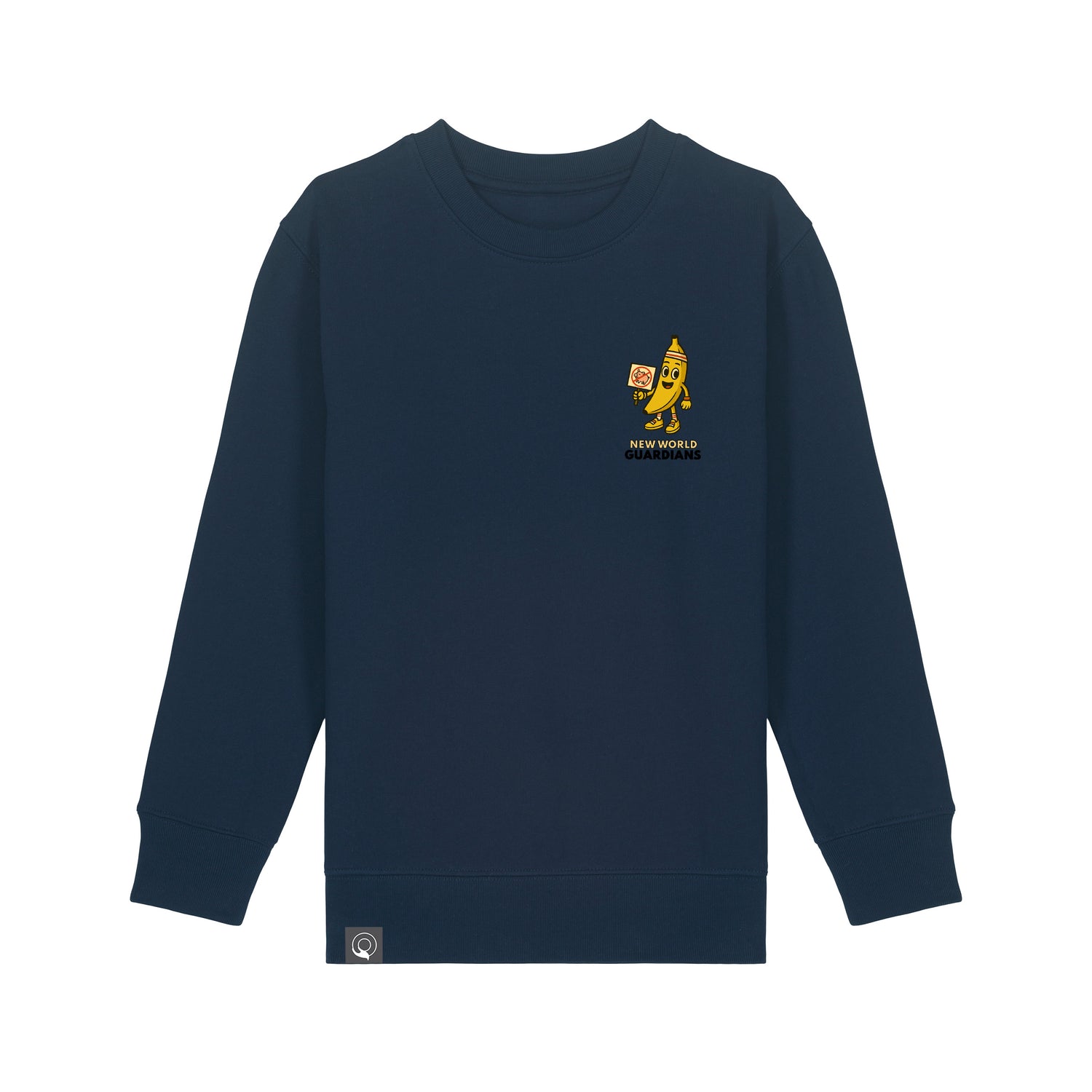 Sustainable fashion – navy blue organic cotton sweater with Bany vegan hero print for kids, 10 color options