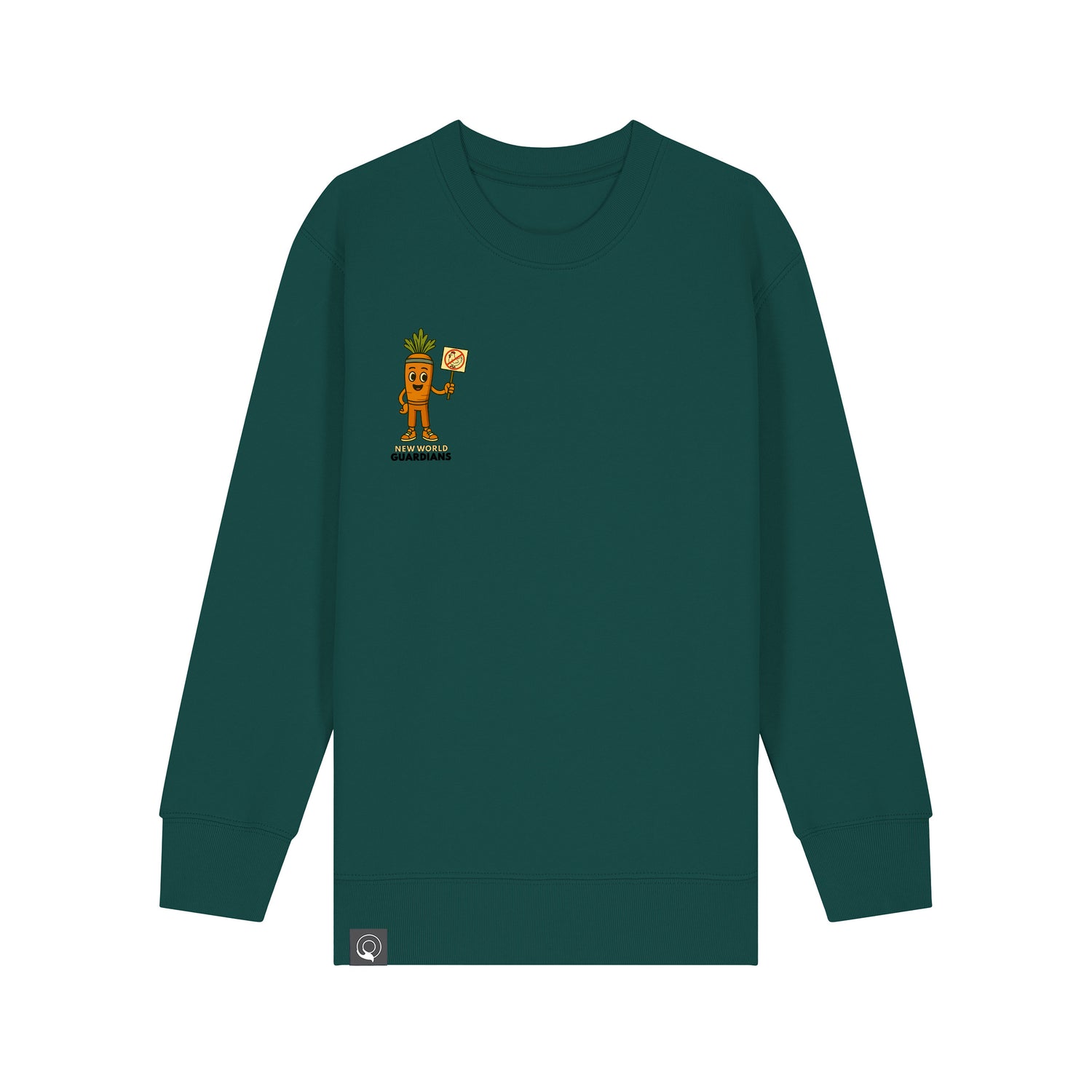 Children’s sustainable sweater in organic cotton, green with Crunch plant hero design, available in ten colors