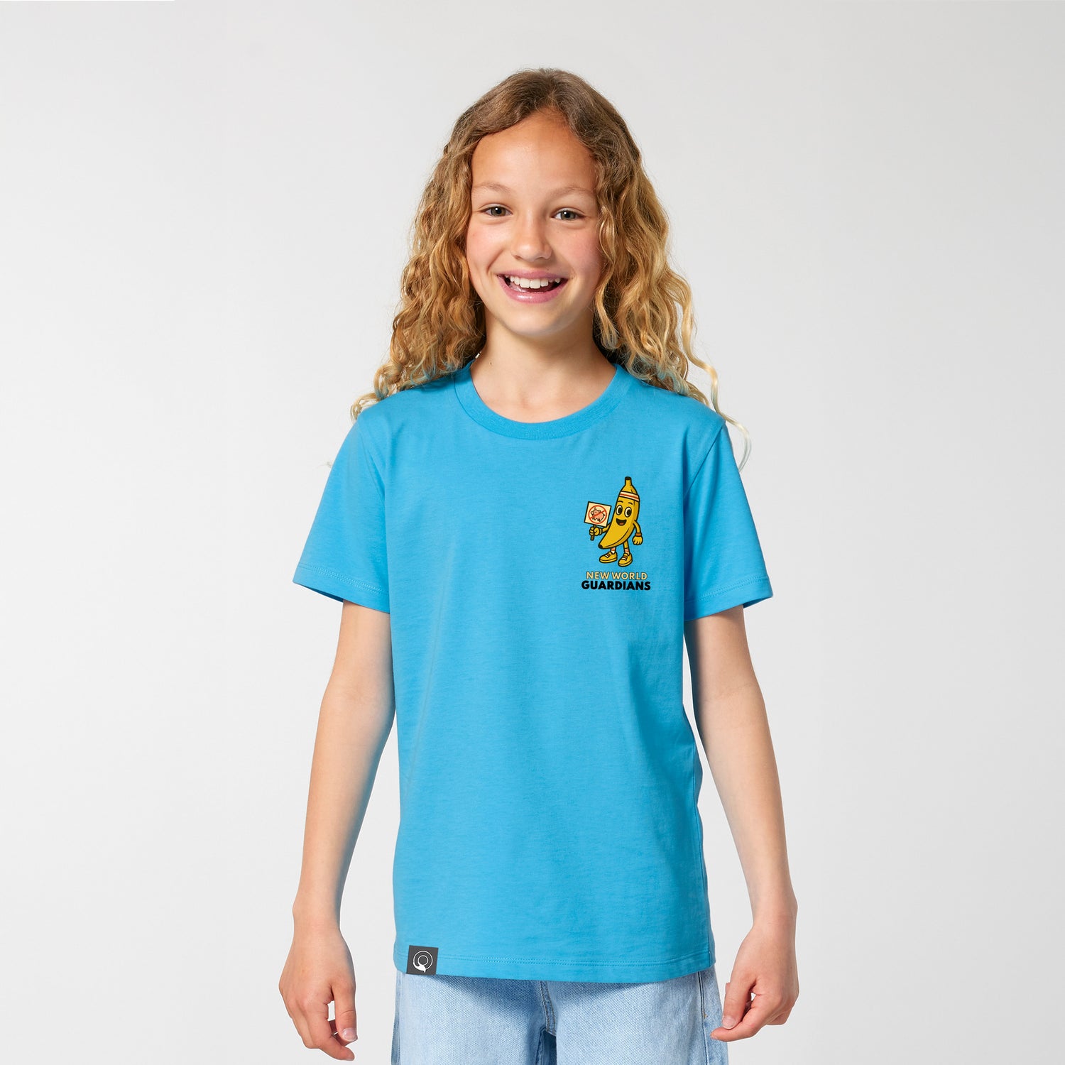 Eco-friendly aqua blue organic cotton t-shirt for kids with Bany design, worn by child