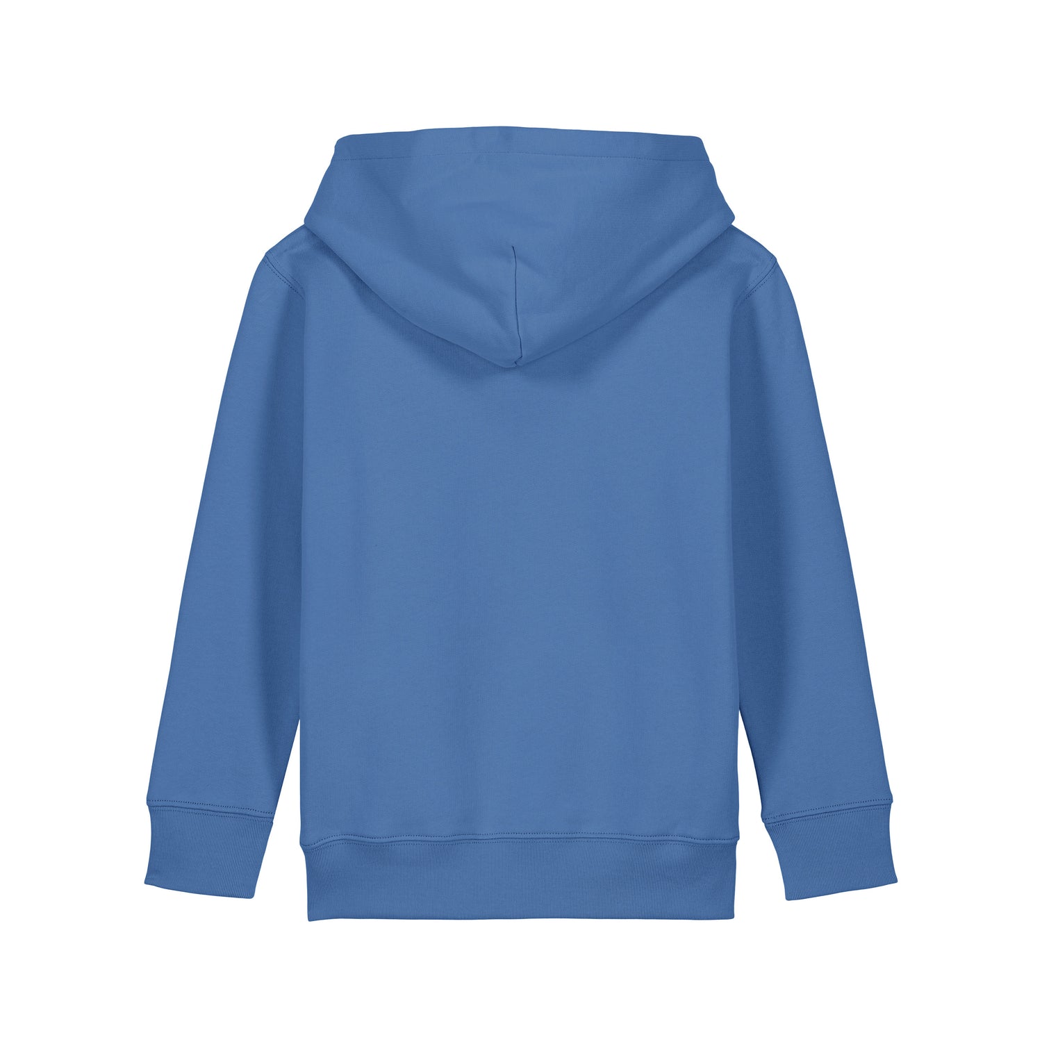 Back view of eco-friendly organic cotton hoodie in bright blue with vegan hero design, 10 colors